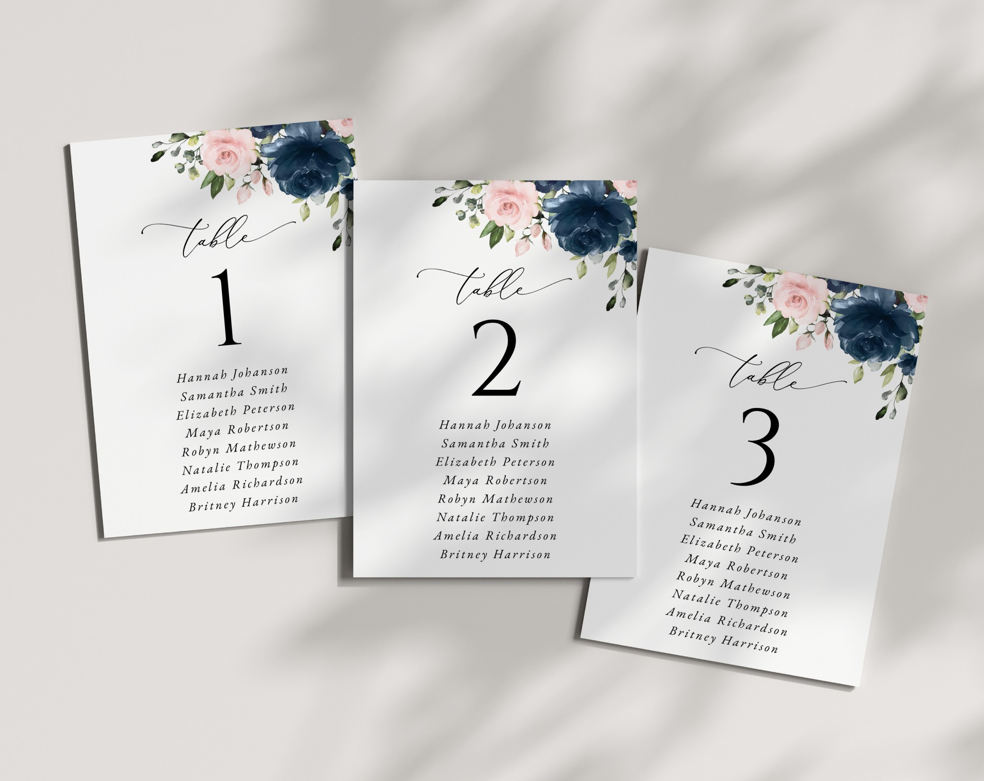Navy and Blush Flowers Seating Cards, Wedding Stationery, Printable File, Edit Yourself, SH04