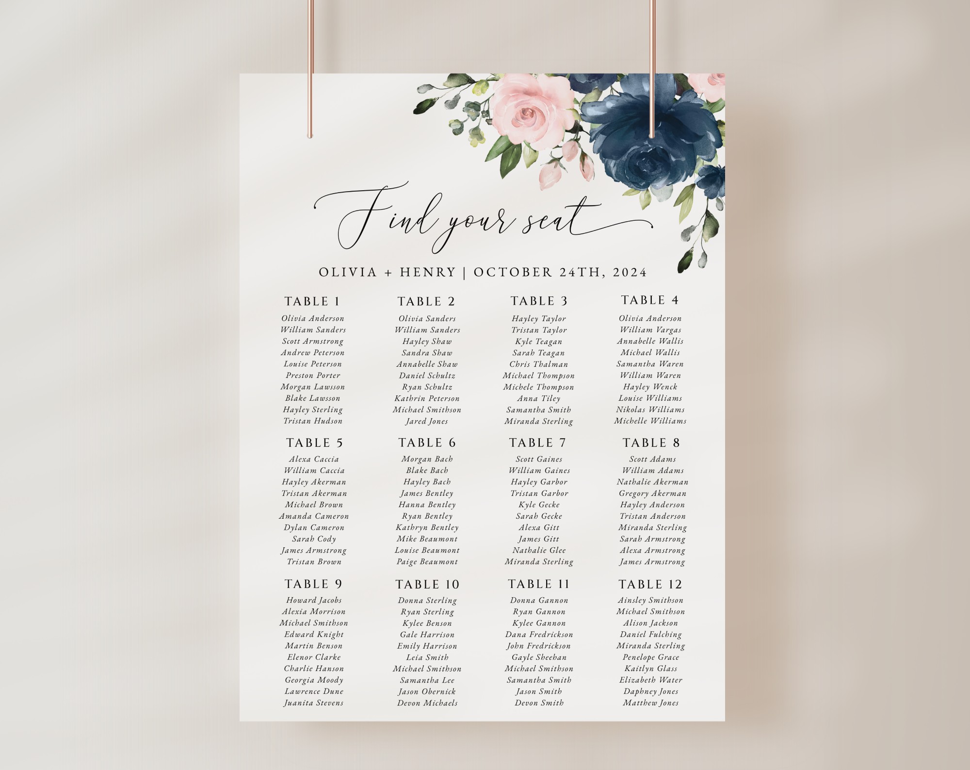 Navy and Blush Flowers Seating Chart, Wedding Sign, Printable File, Edit Yourself, SH04