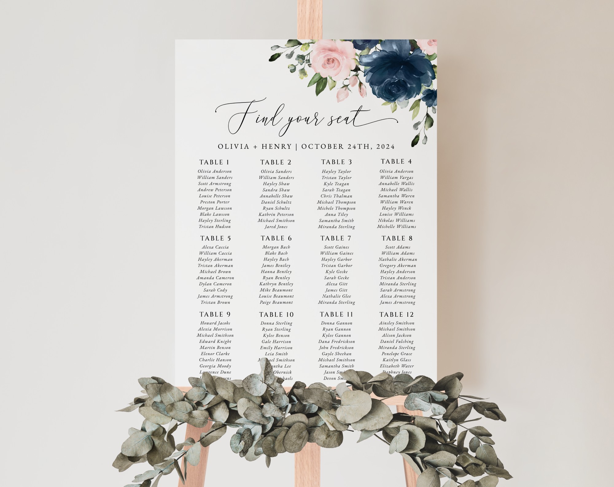 Navy and Blush Flowers Seating Chart, Wedding Sign, Printable File, Edit Yourself, SH04
