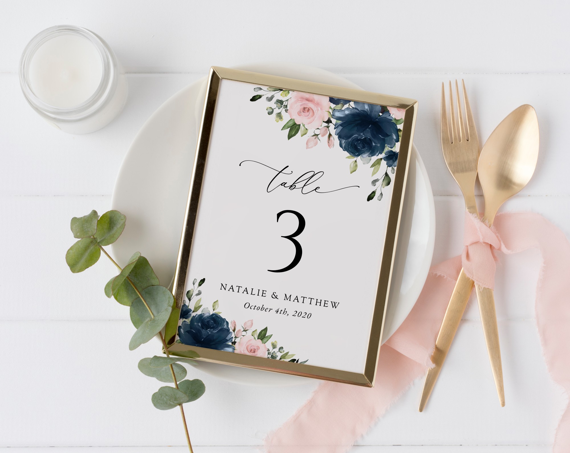 Navy and Blush Flowers Table Number Sign, Wedding Sign, Printable File, Edit Yourself, SH04