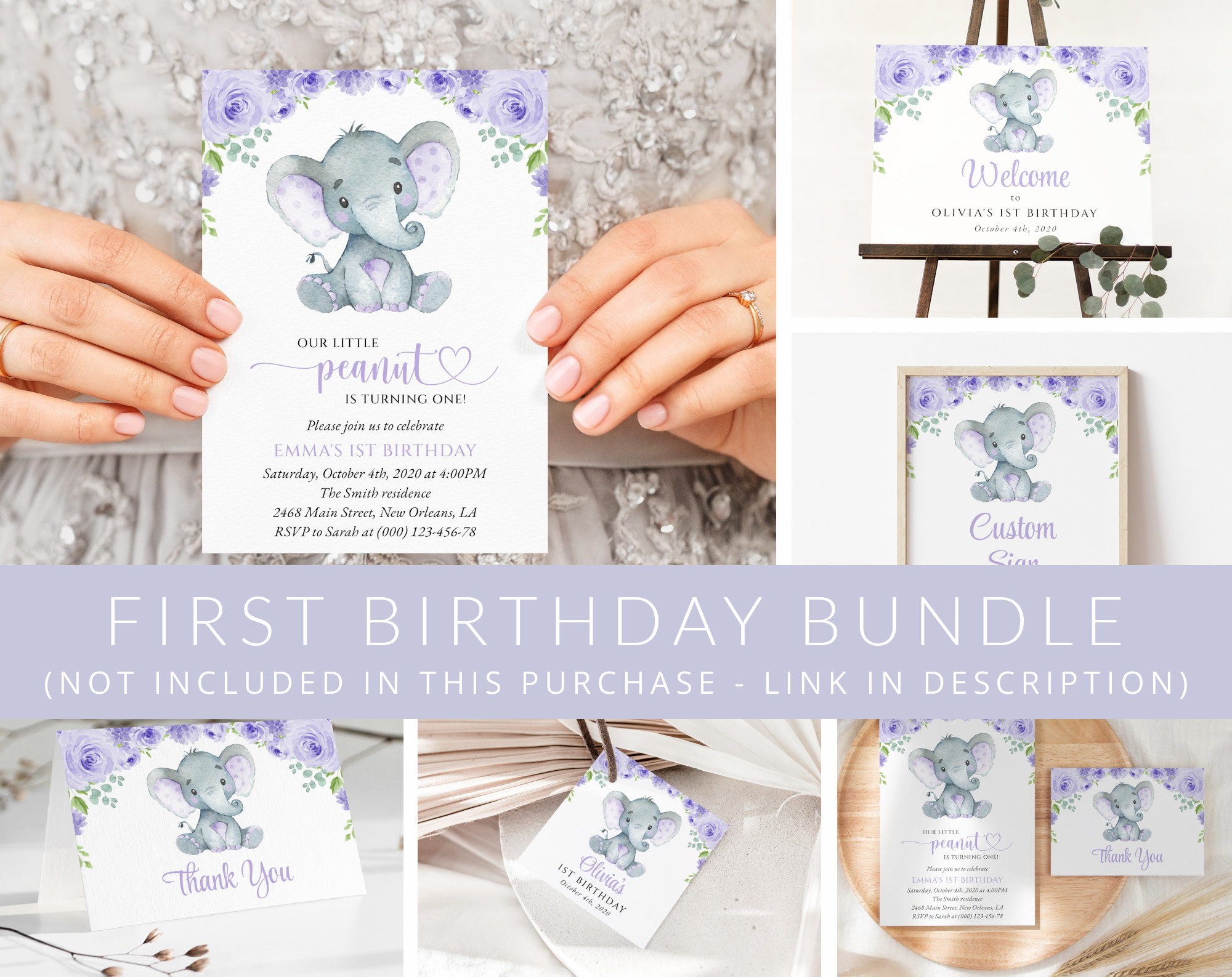Cute Elephant First Birthday Mini Bundle, Girl Birthday, Printable File, Edit Yourself, SH100