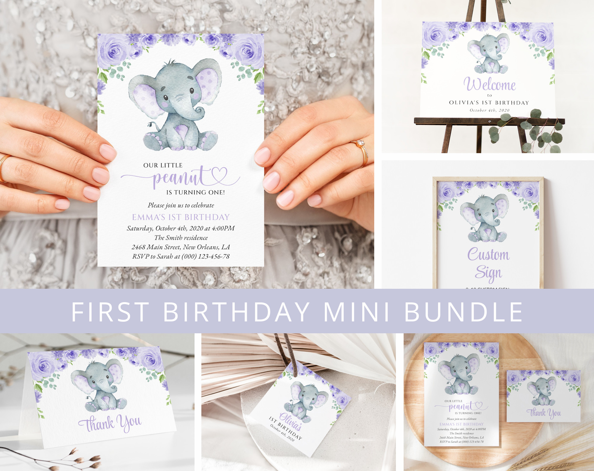 Cute Elephant First Birthday Mini Bundle, Girl Birthday, Printable File, Edit Yourself, SH100