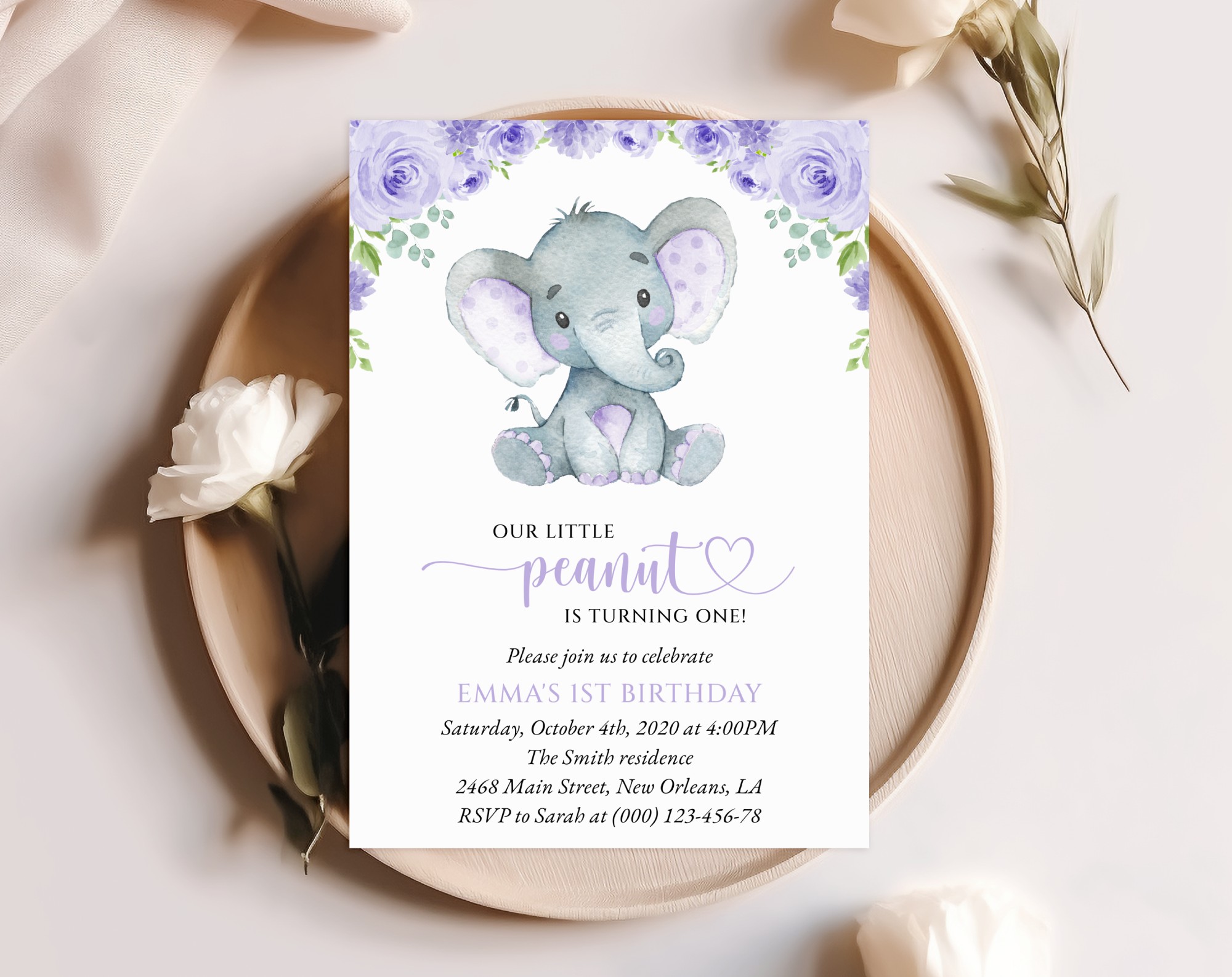 Cute Elephant First Birthday Invitation, Birthday Stationery, Girl Birthday, Printable File, Edit Yourself, SH100