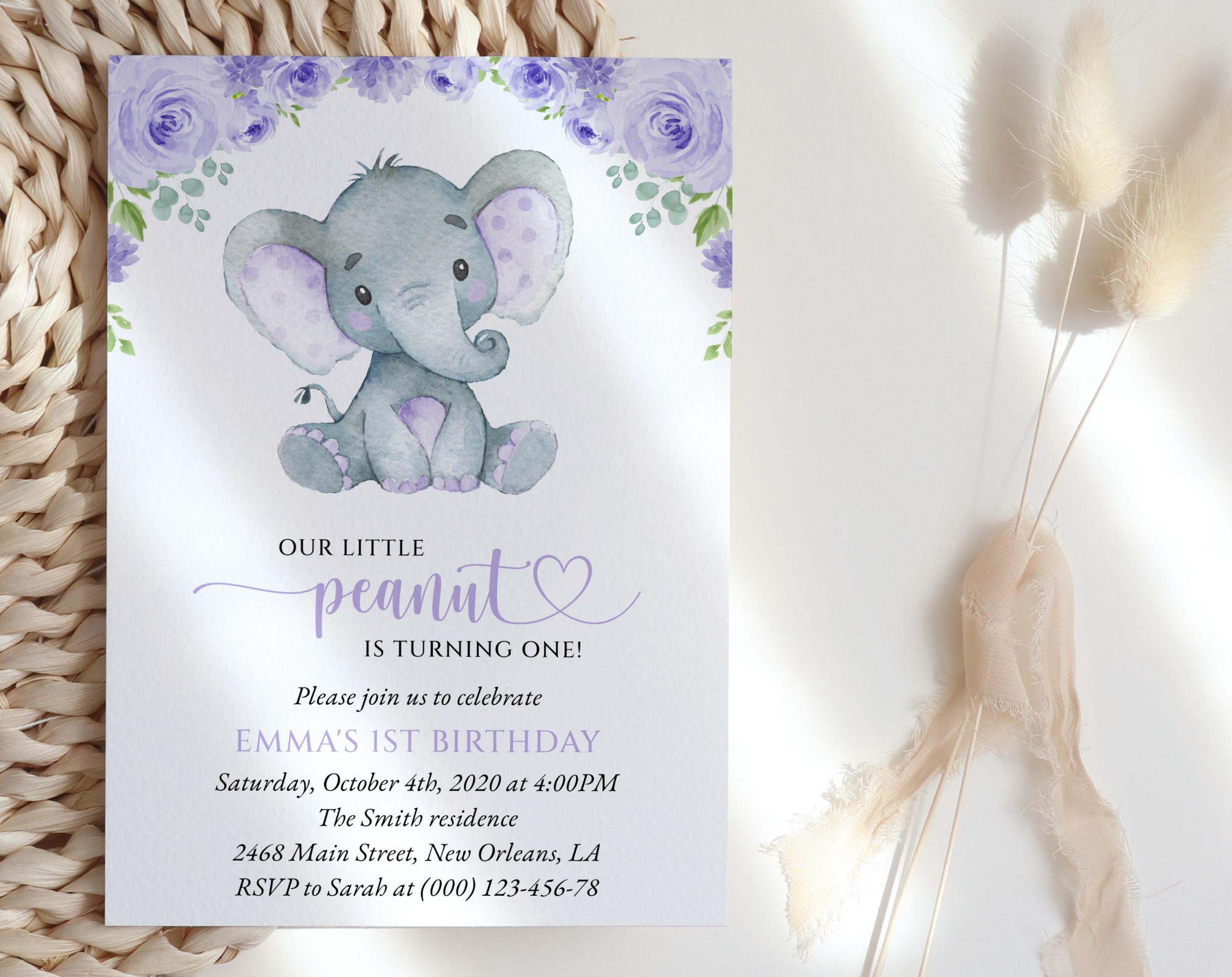 Cute Elephant First Birthday Invitation, Birthday Stationery, Girl Birthday, Printable File, Edit Yourself, SH100