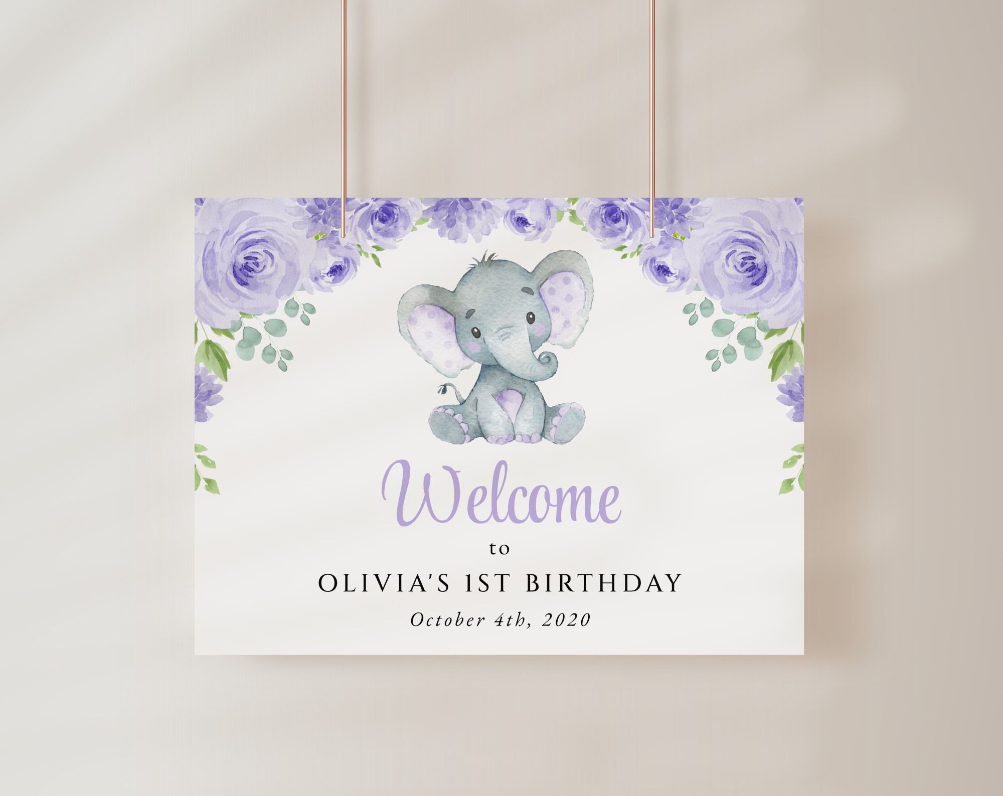 Cute Elephant Welcome Sign, Birthday Sign, First Birthday, Girl Birthday, Printable File, Edit Yourself, SH100
