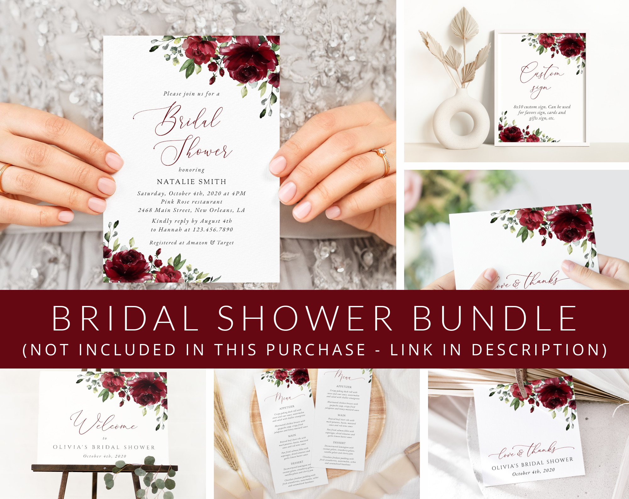 Burgundy Flowers Bridal Shower Mini Bundle, Printable File, Edit Yourself, SH13 Burgundy Flowers Bridal Shower Mini Bundle, Printable File, Edit Yourself, SH13