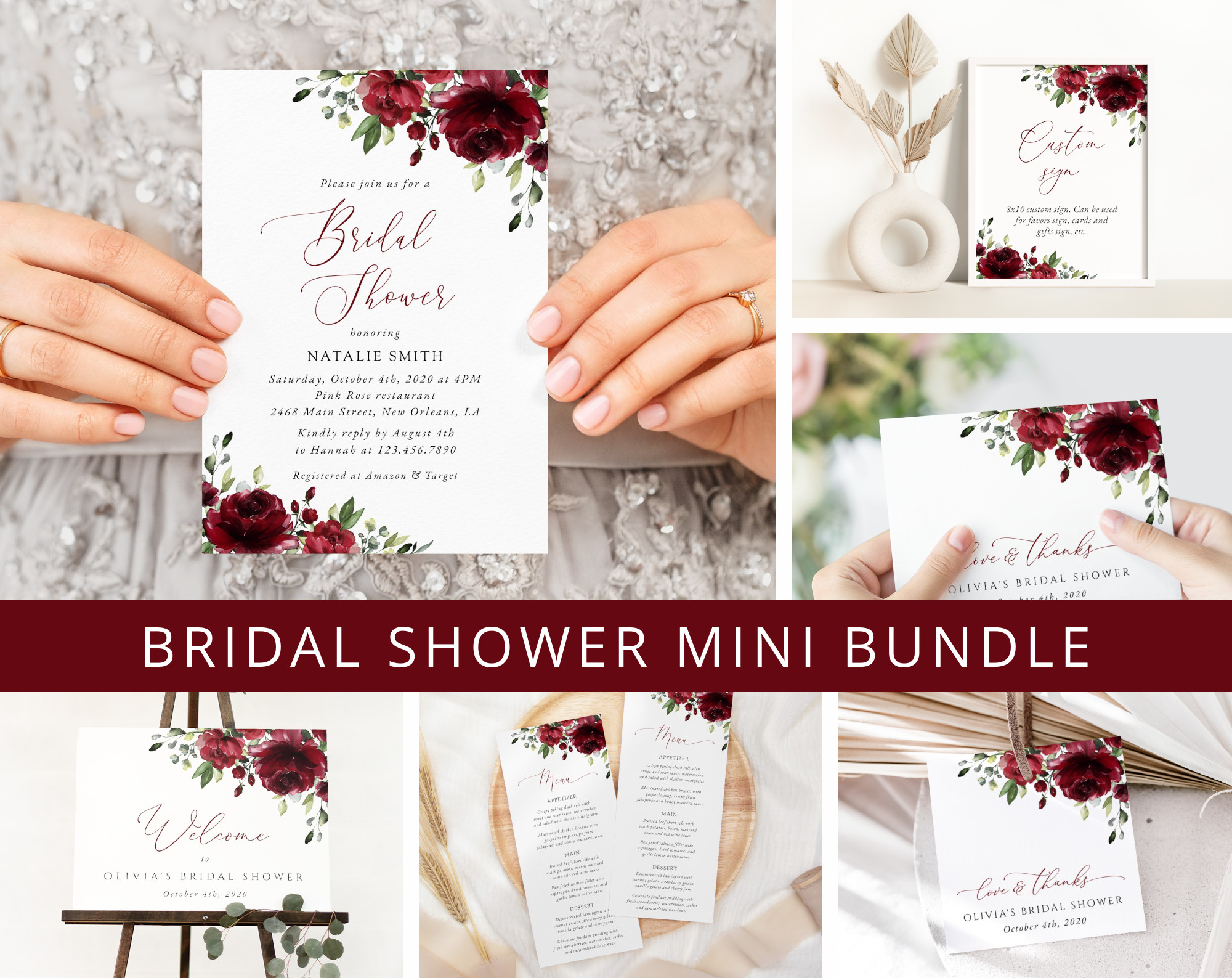 Burgundy Flowers Bridal Shower Mini Bundle, Printable File, Edit Yourself, SH13 Burgundy Flowers Bridal Shower Mini Bundle, Printable File, Edit Yourself, SH13