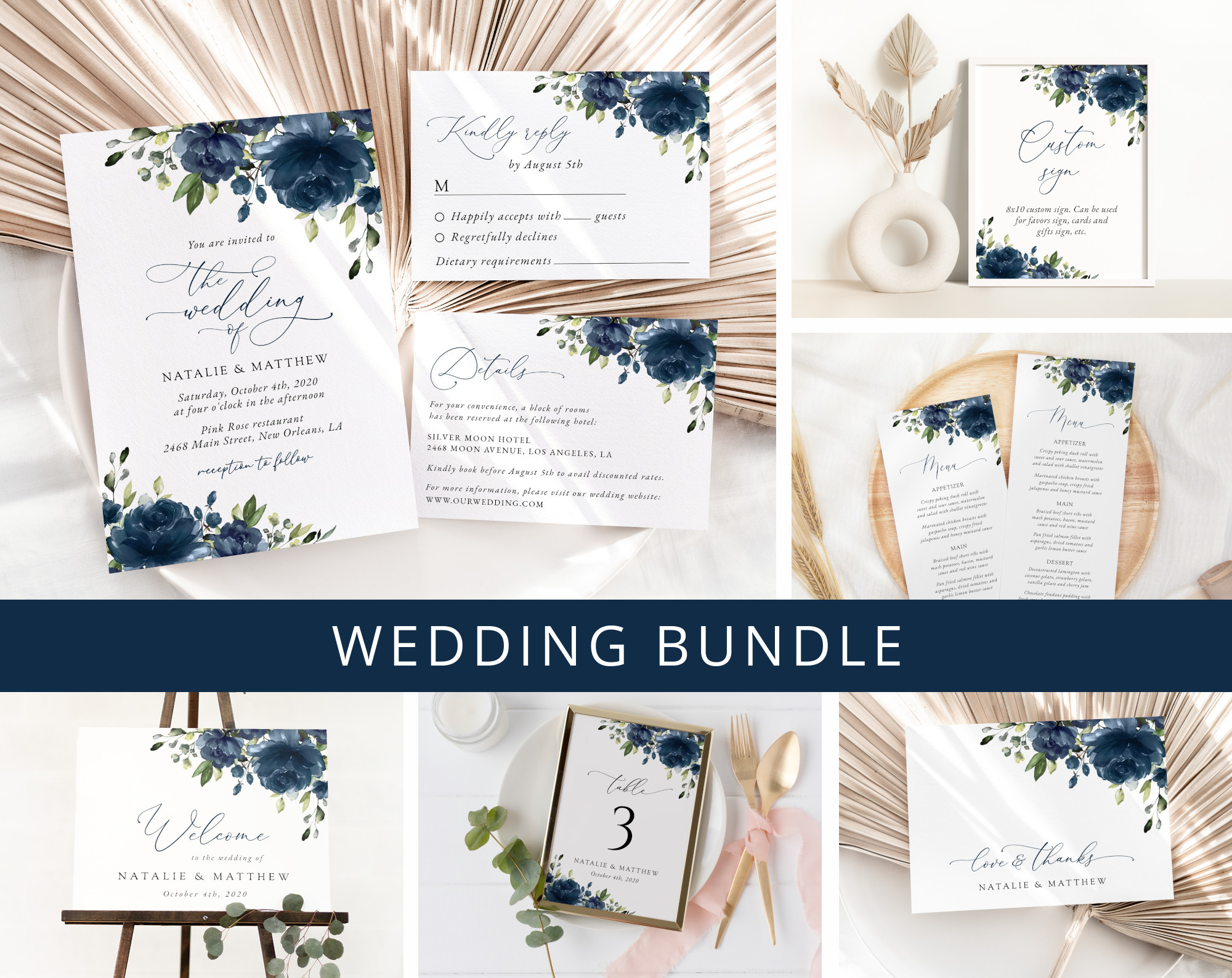 Navy Blue Flowers Wedding Bundle, Printable File, Edit Yourself, SH16