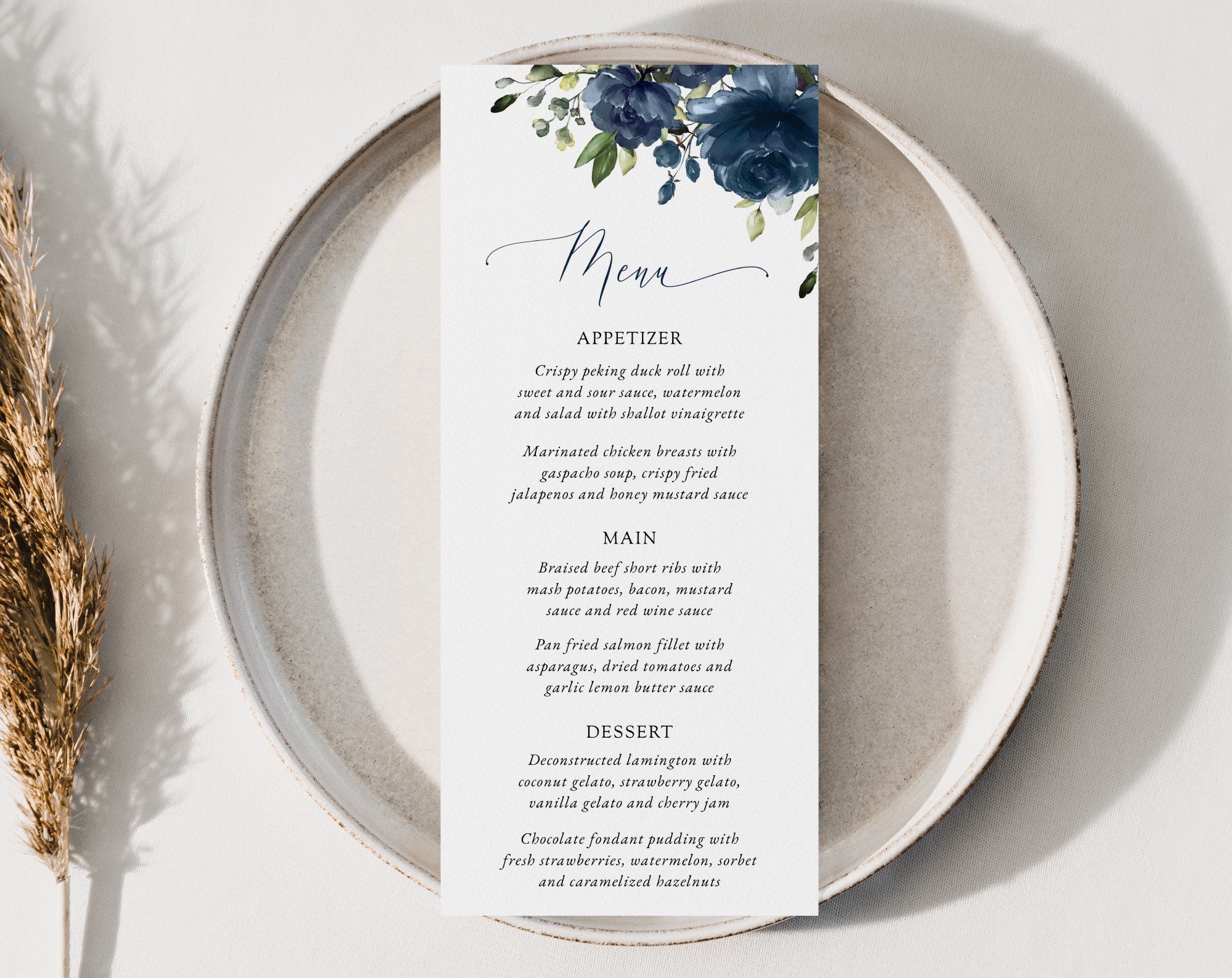 Navy Blue Flowers Wedding Menu, Wedding Stationery, Printable File, Edit Yourself, SH16