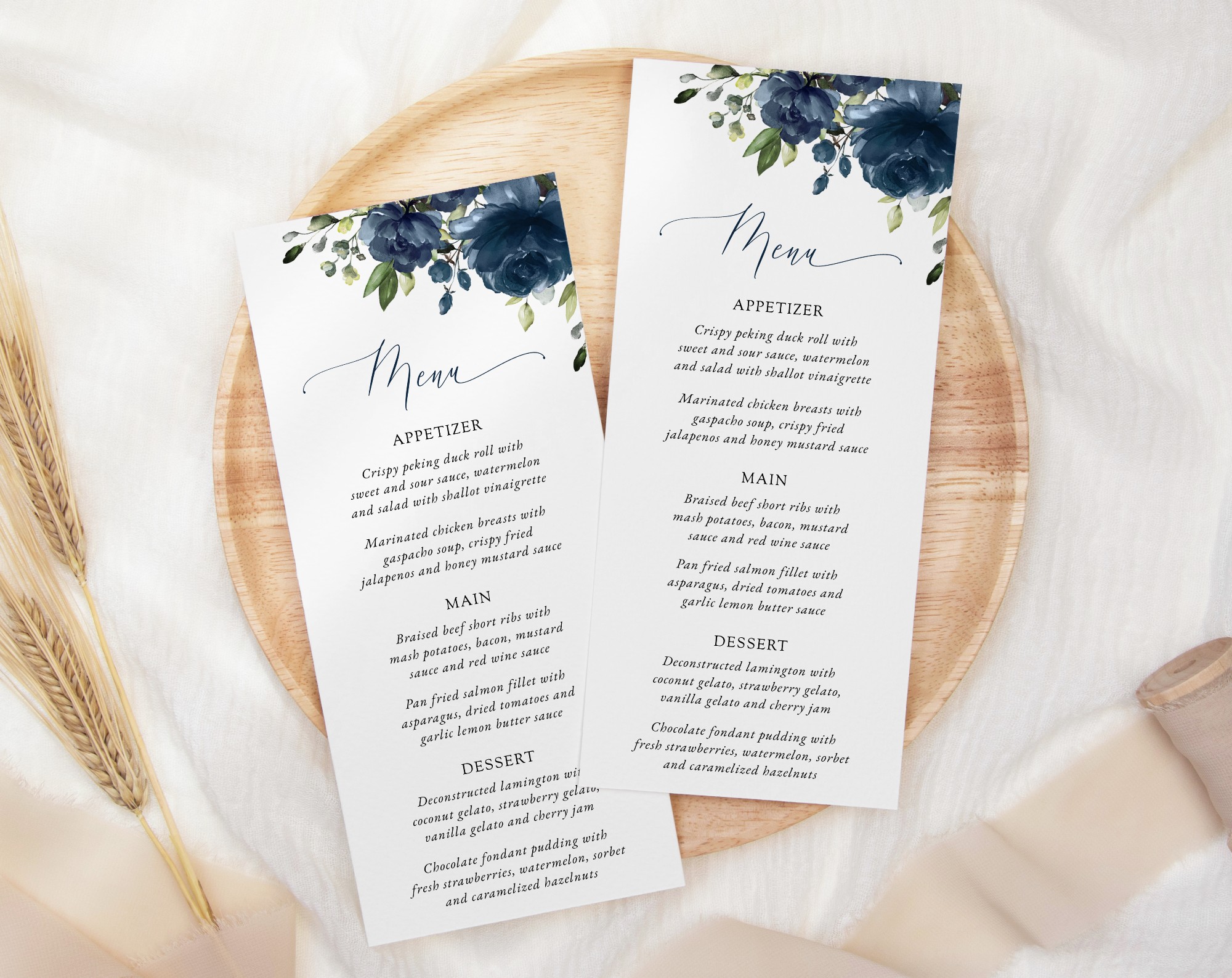 Navy Blue Flowers Wedding Menu, Wedding Stationery, Printable File, Edit Yourself, SH16