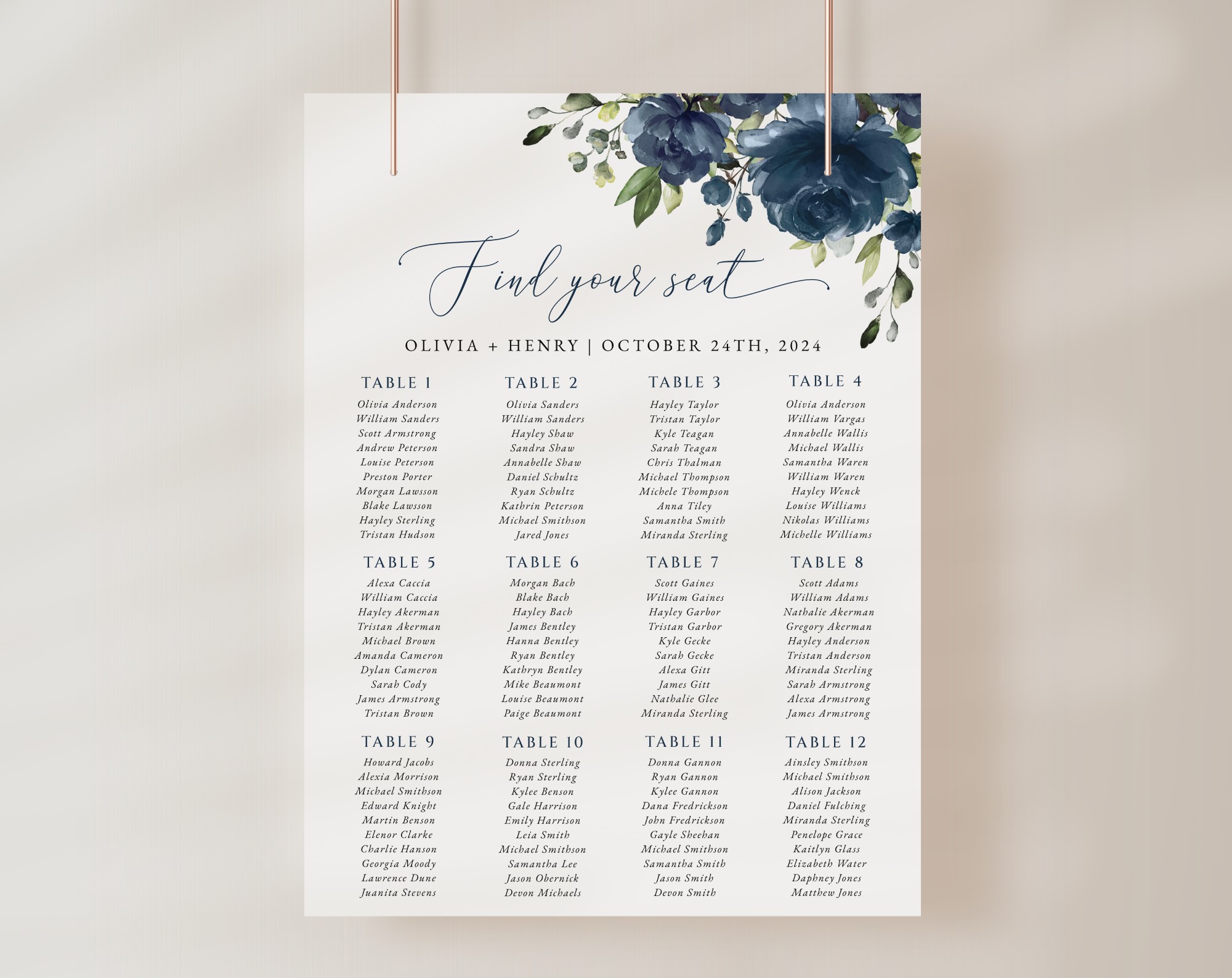 Navy Blue Flowers Seating Chart, Wedding Sign, Printable File, Edit Yourself, SH16