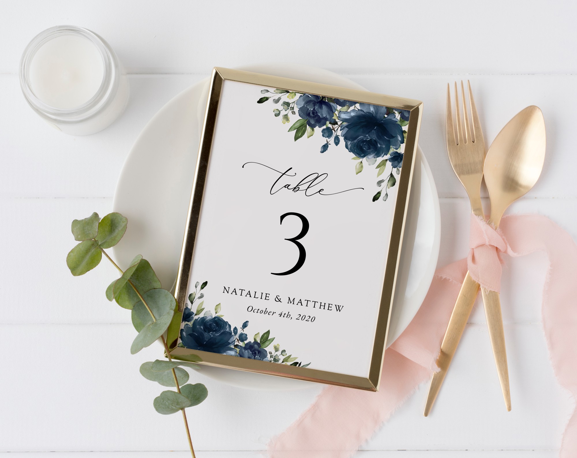 Navy Blue Flowers Table Number Sign, Wedding Sign, Printable File, Edit Yourself, SH16