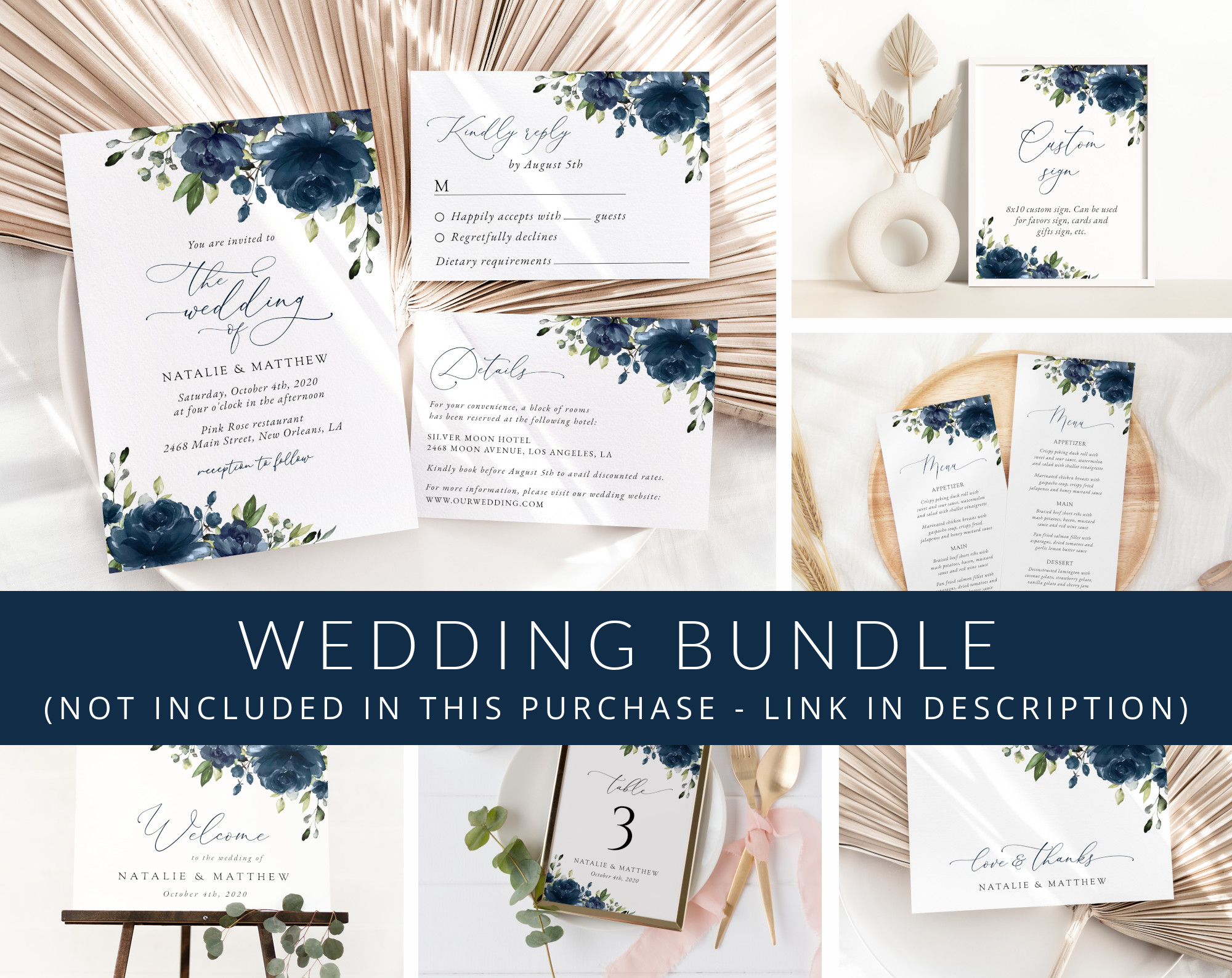 Navy Blue Flowers Wedding Bundle, Printable File, Edit Yourself, SH16