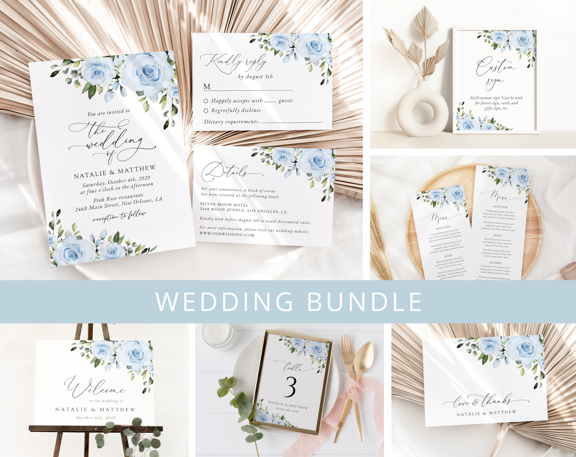 Dusty Blue Flowers Wedding Bundle, Printable File, Edit Yourself, SH24