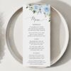 Dusty Blue Flowers Wedding Menu, Wedding Stationery, Printable File, Edit Yourself, SH24
