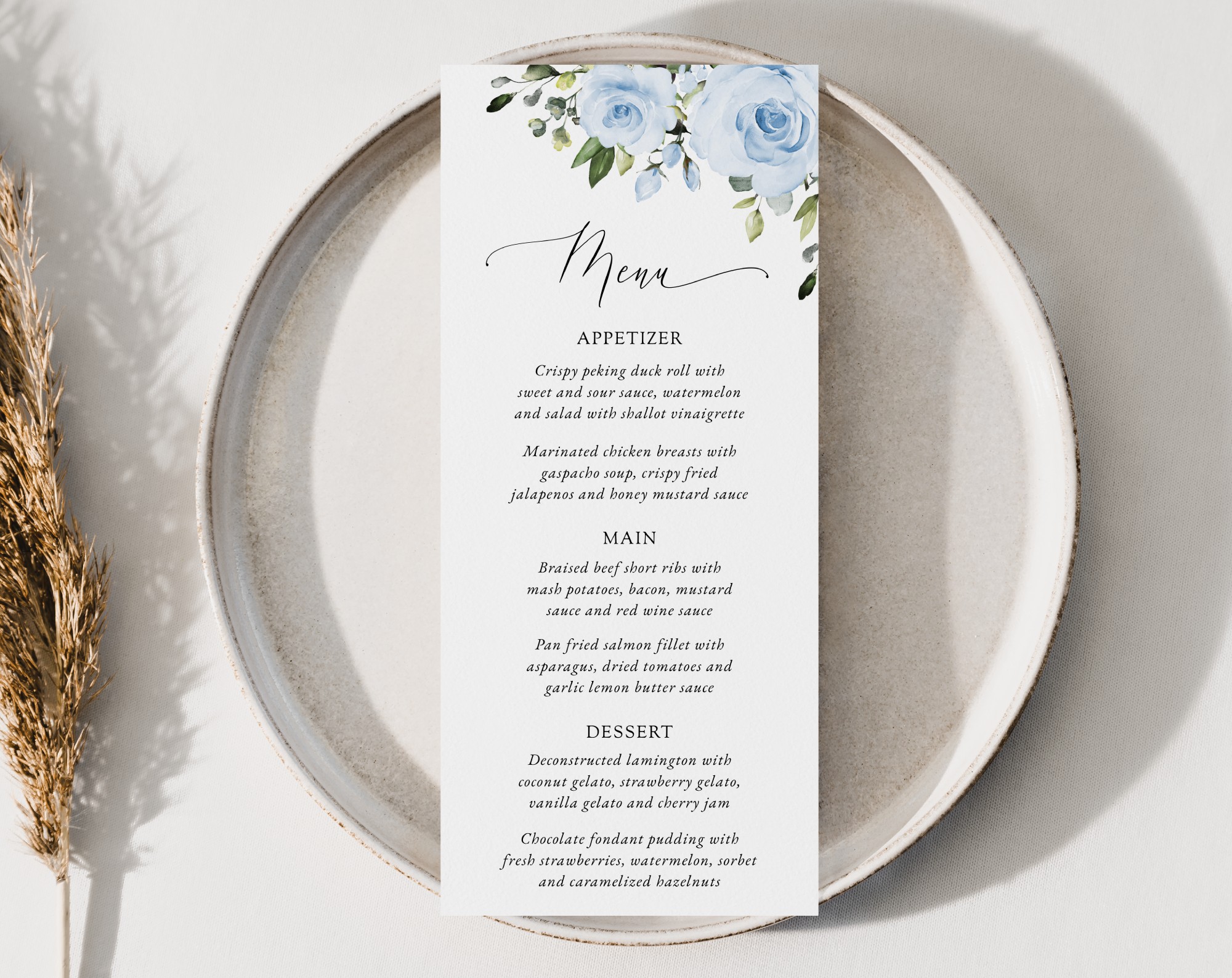 Dusty Blue Flowers Wedding Menu, Wedding Stationery, Printable File, Edit Yourself, SH24