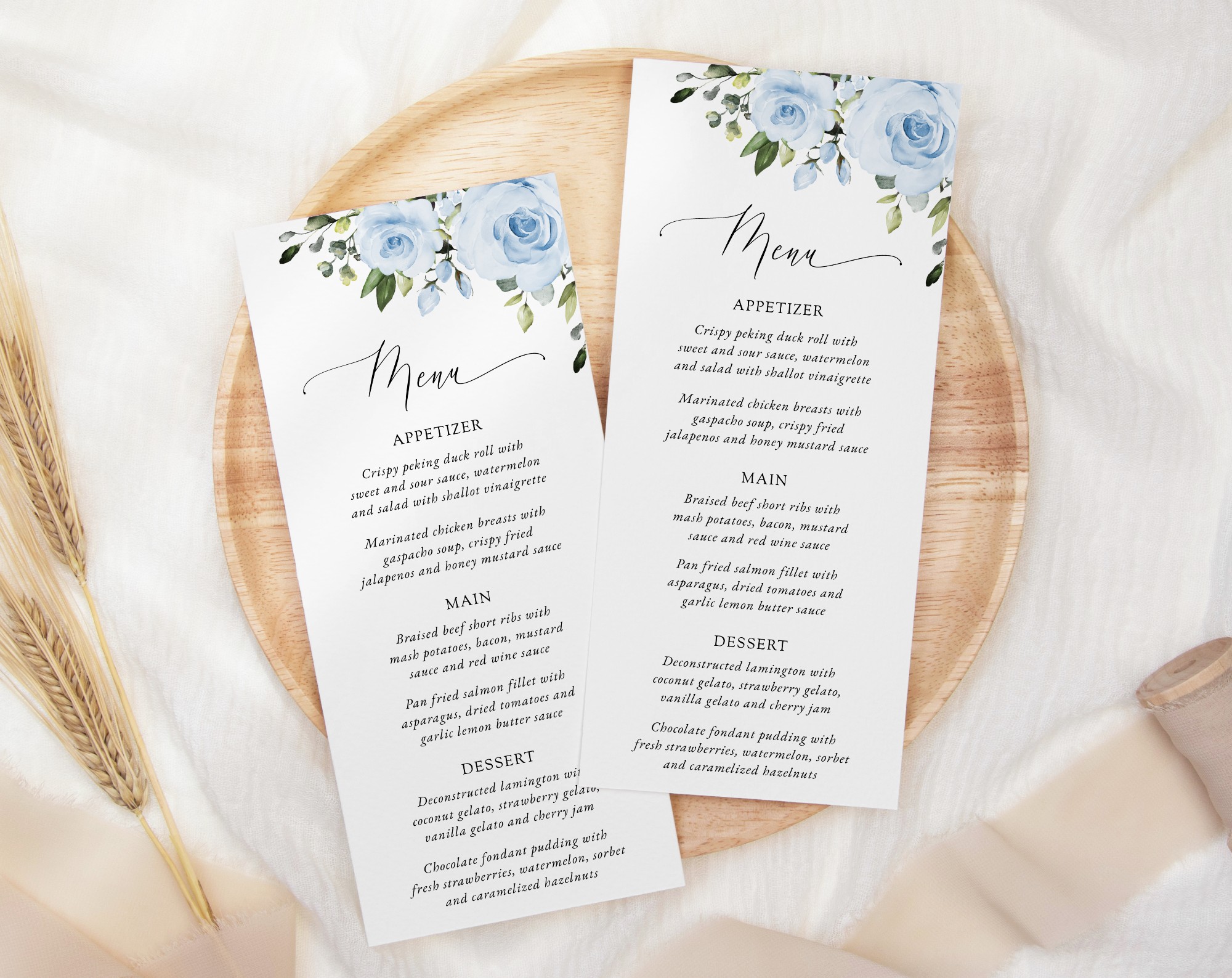 Dusty Blue Flowers Wedding Menu, Wedding Stationery, Printable File, Edit Yourself, SH24