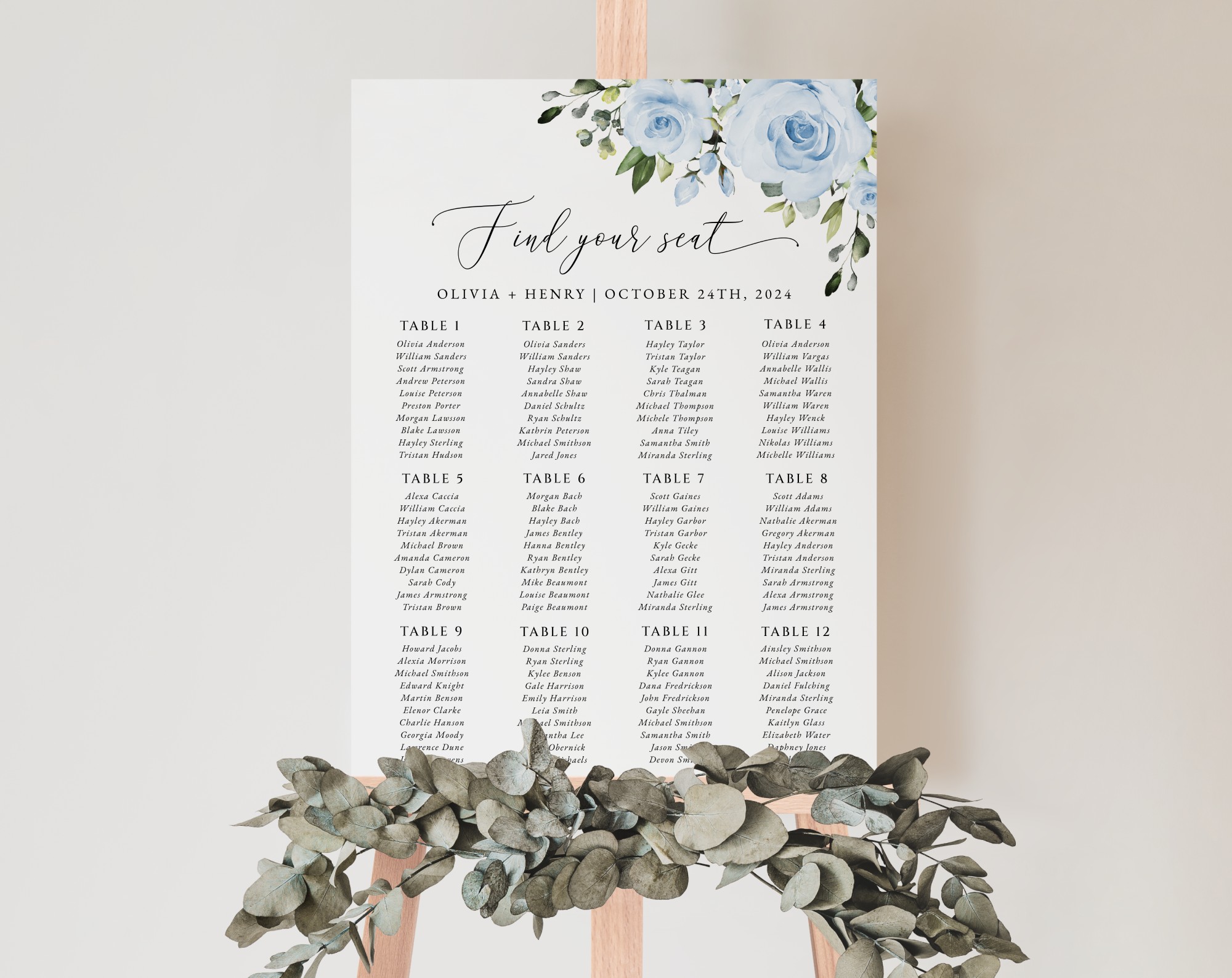 Dusty Blue Flowers Seating Chart, Wedding Sign, Printable File, Edit Yourself, SH24