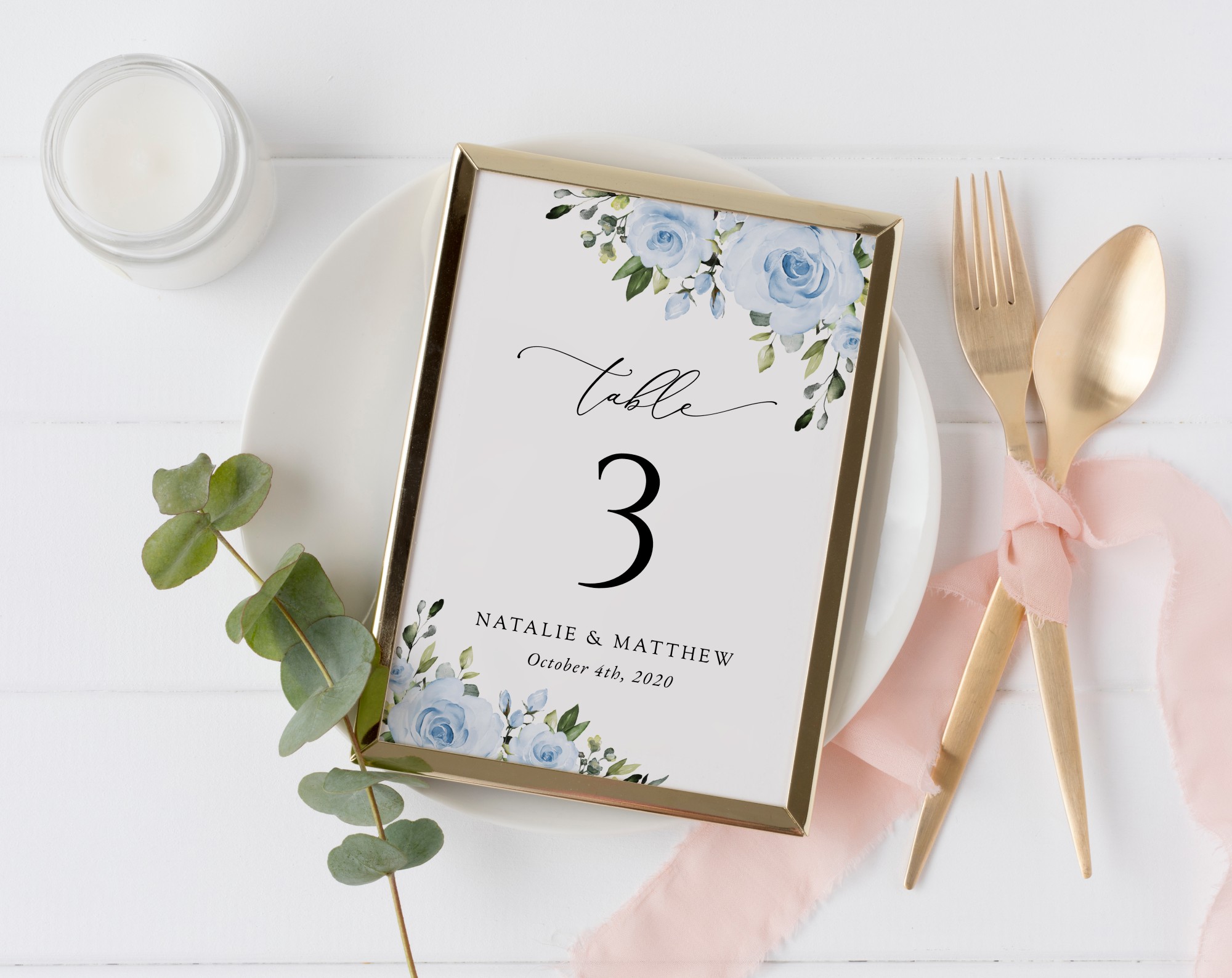 Dusty Blue Flowers Table Number Sign, Wedding Sign, Printable File, Edit Yourself, SH24