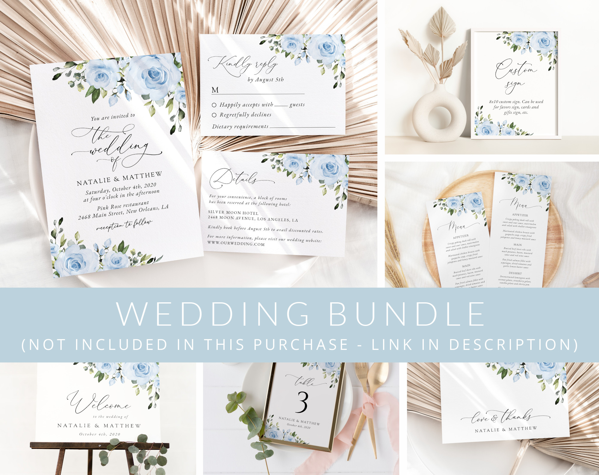 Dusty Blue Flowers Wedding Bundle, Printable File, Edit Yourself, SH24
