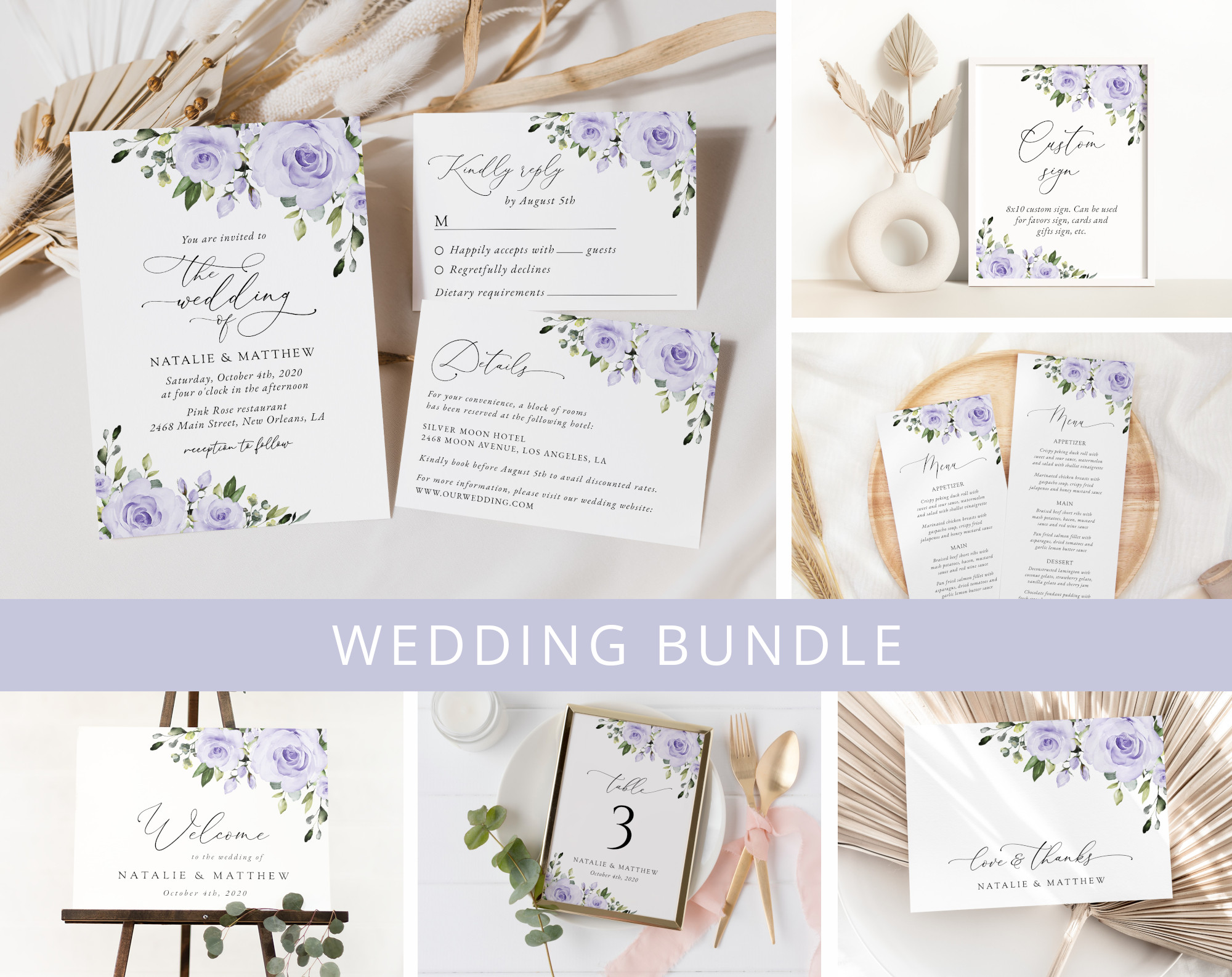 Purple Flowers Wedding Bundle, Printable File, Edit Yourself, SH29