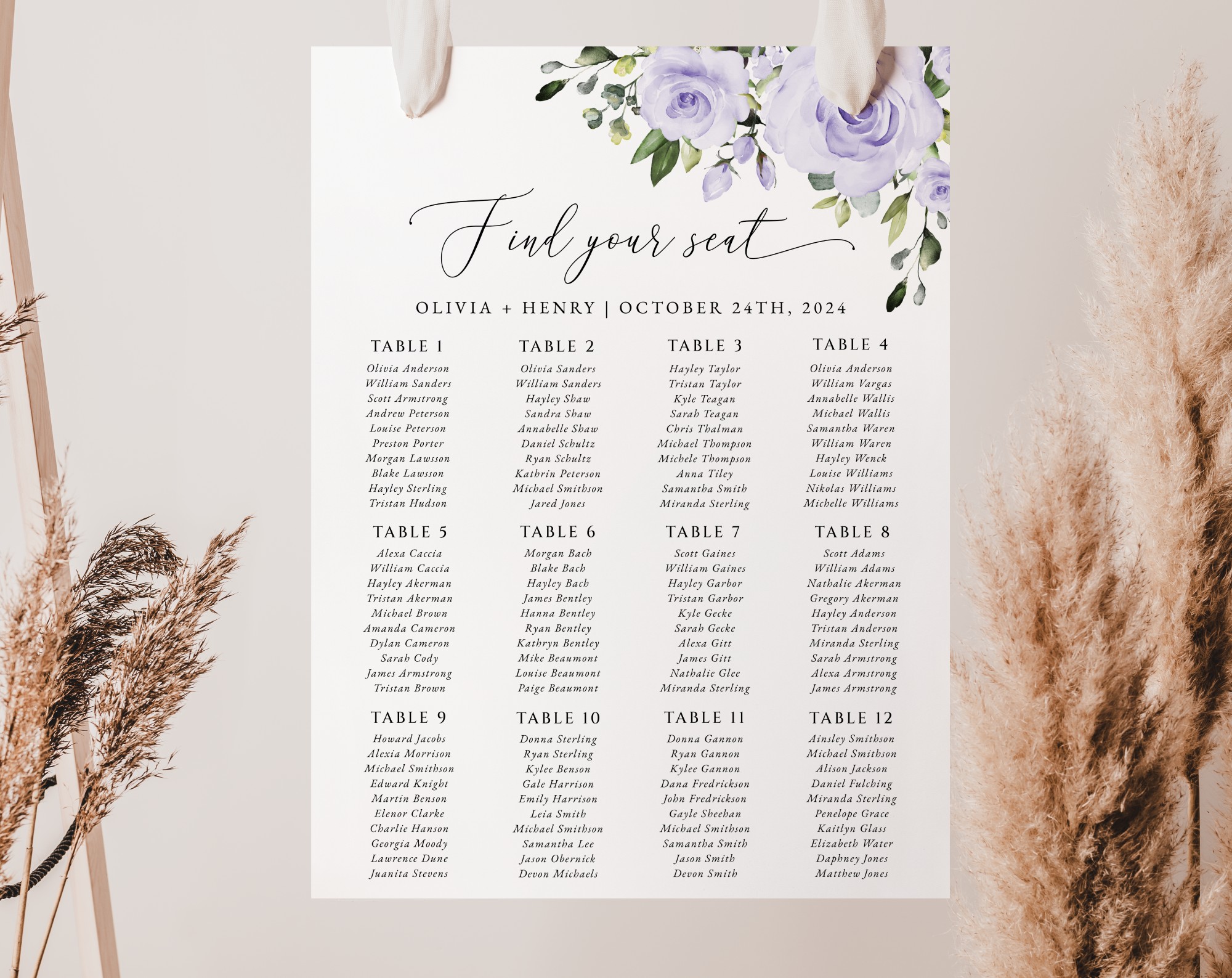 Purple Flowers Seating Chart, Wedding Sign, Printable File, Edit Yourself, SH29