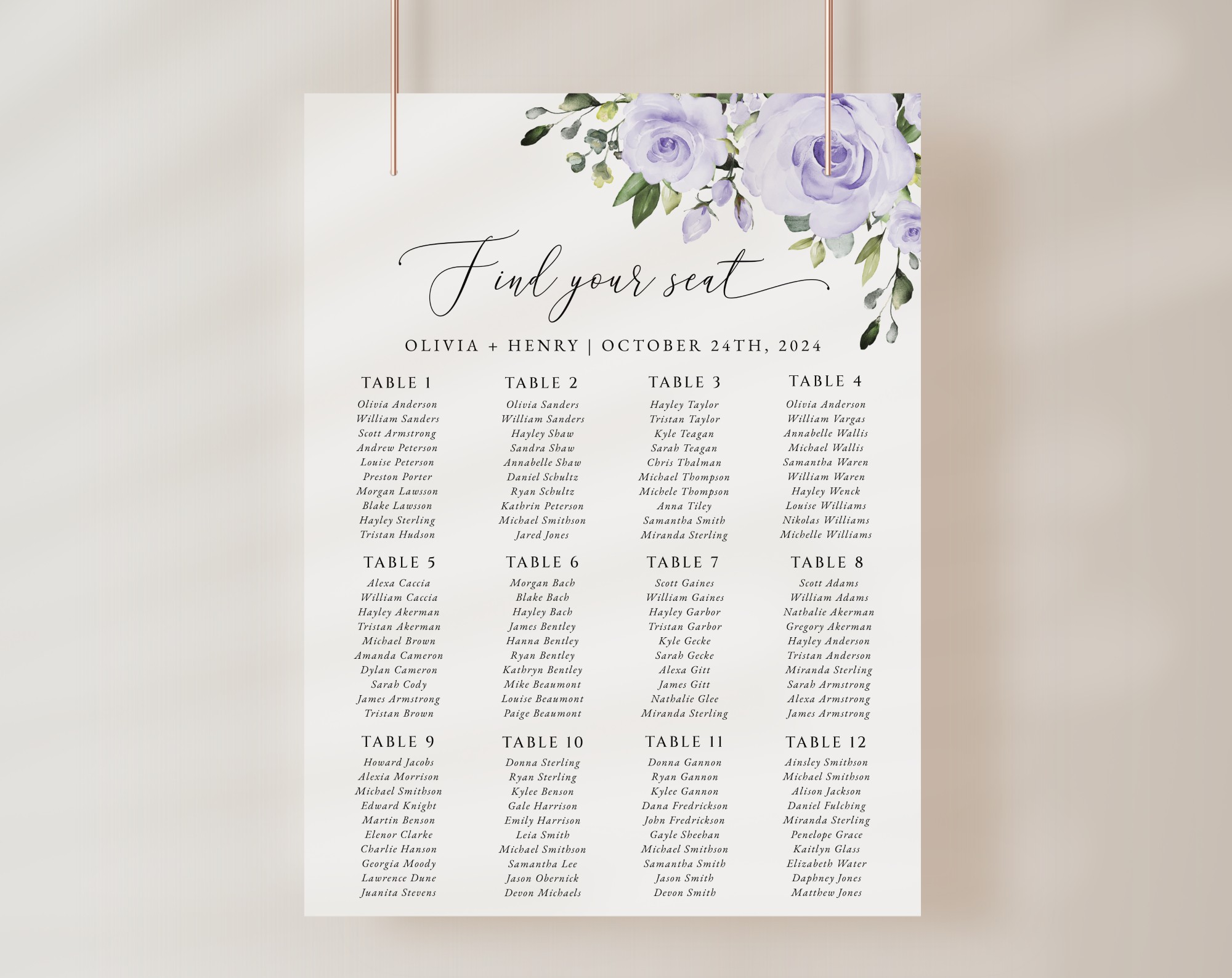Purple Flowers Seating Chart, Wedding Sign, Printable File, Edit Yourself, SH29