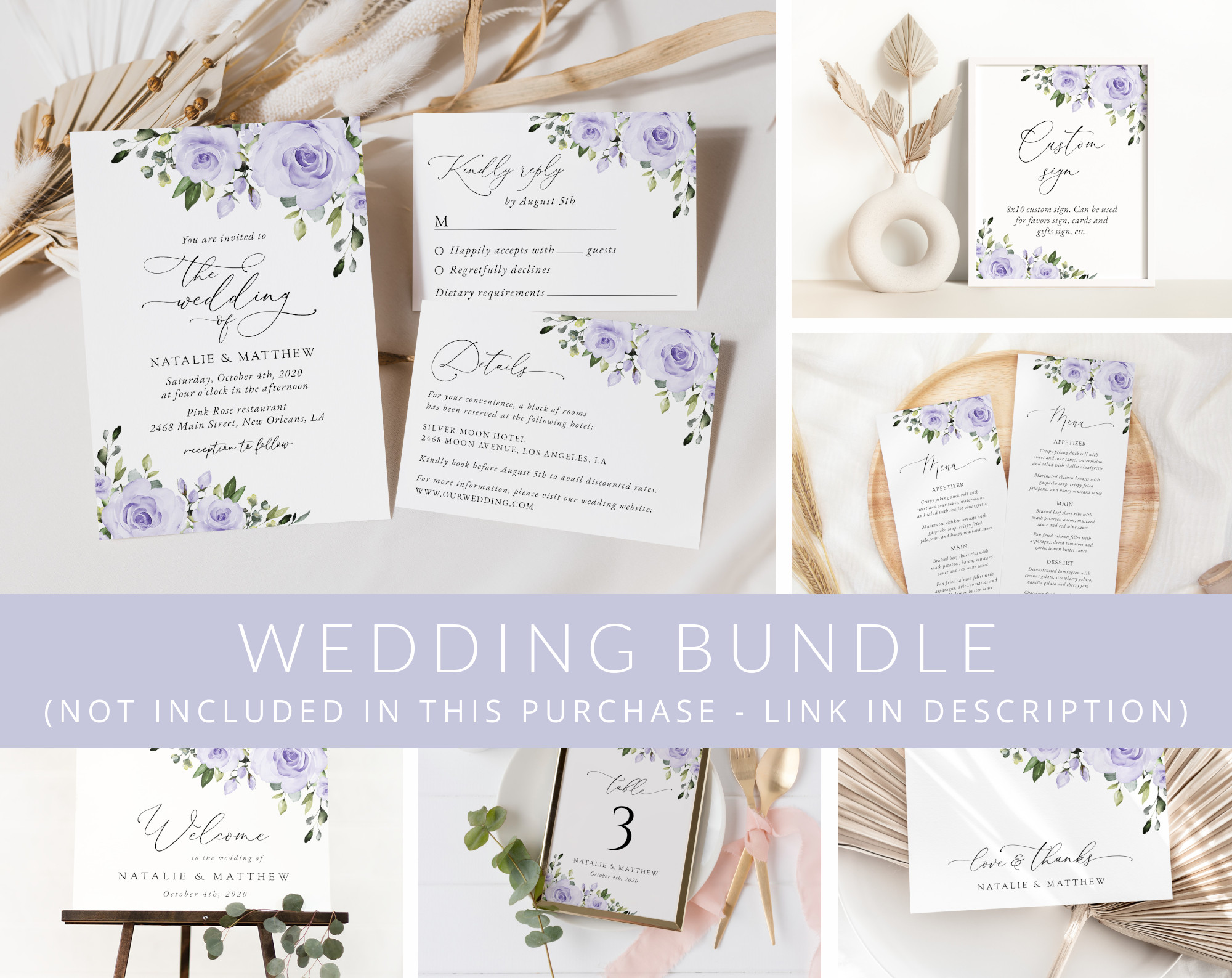 Purple Flowers Wedding Bundle, Printable File, Edit Yourself, SH29 Purple Flowers Wedding Bundle, Printable File, Edit Yourself, SH29
