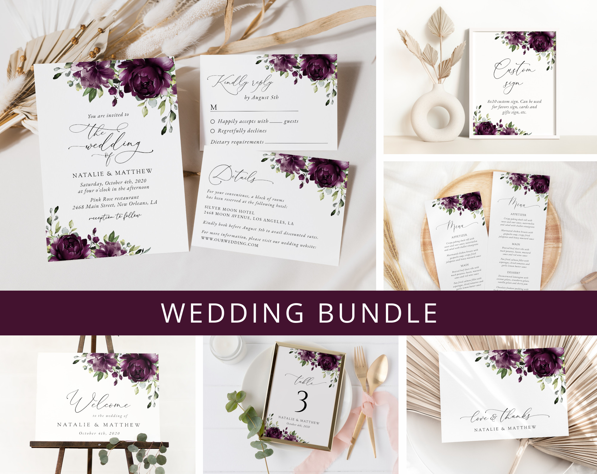 Plum Purple Flowers Wedding Bundle, Printable File, Edit Yourself, SH31