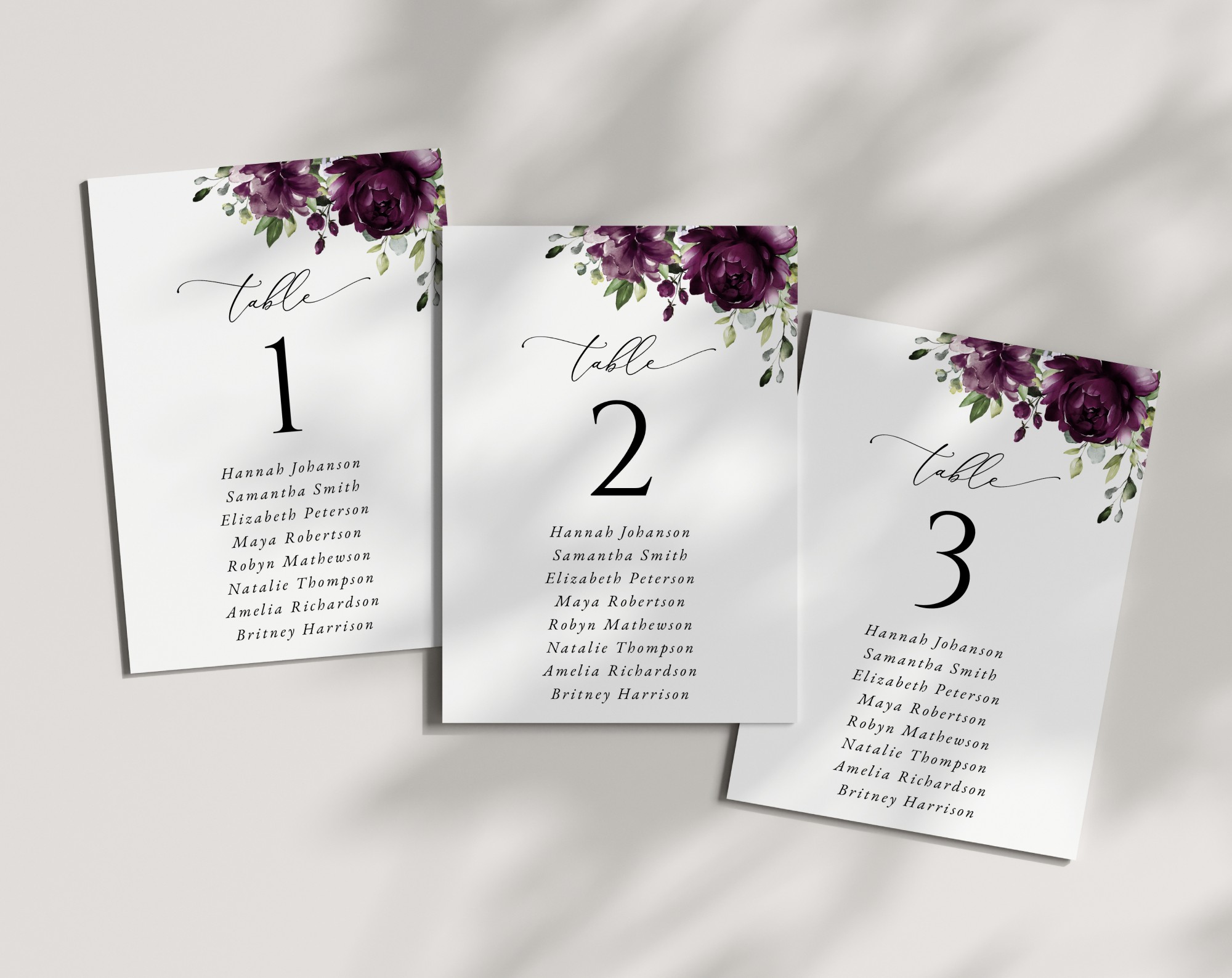 Plum Purple Flowers Seating Cards, Wedding Stationery, Printable File, Edit Yourself, SH31