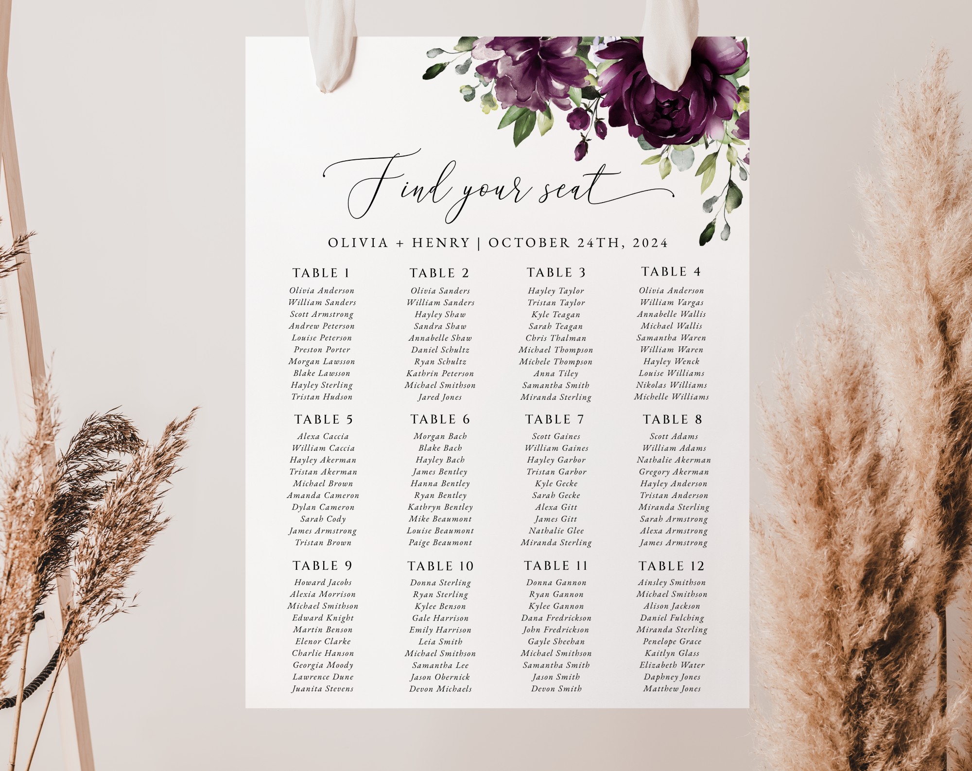 Plum Purple Flowers Seating Chart, Wedding Sign, Printable File, Edit Yourself, SH31