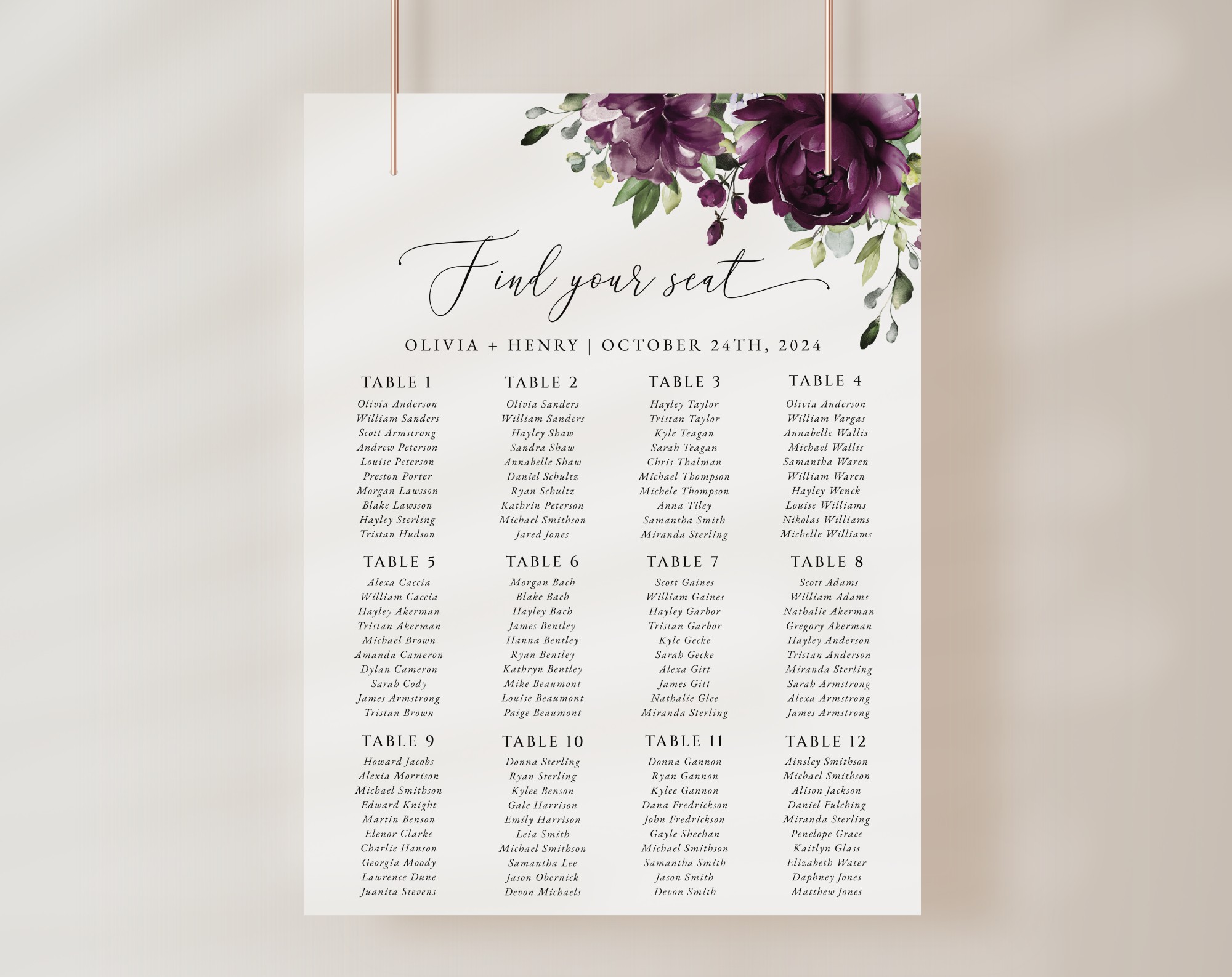 Plum Purple Flowers Seating Chart, Wedding Sign, Printable File, Edit Yourself, SH31