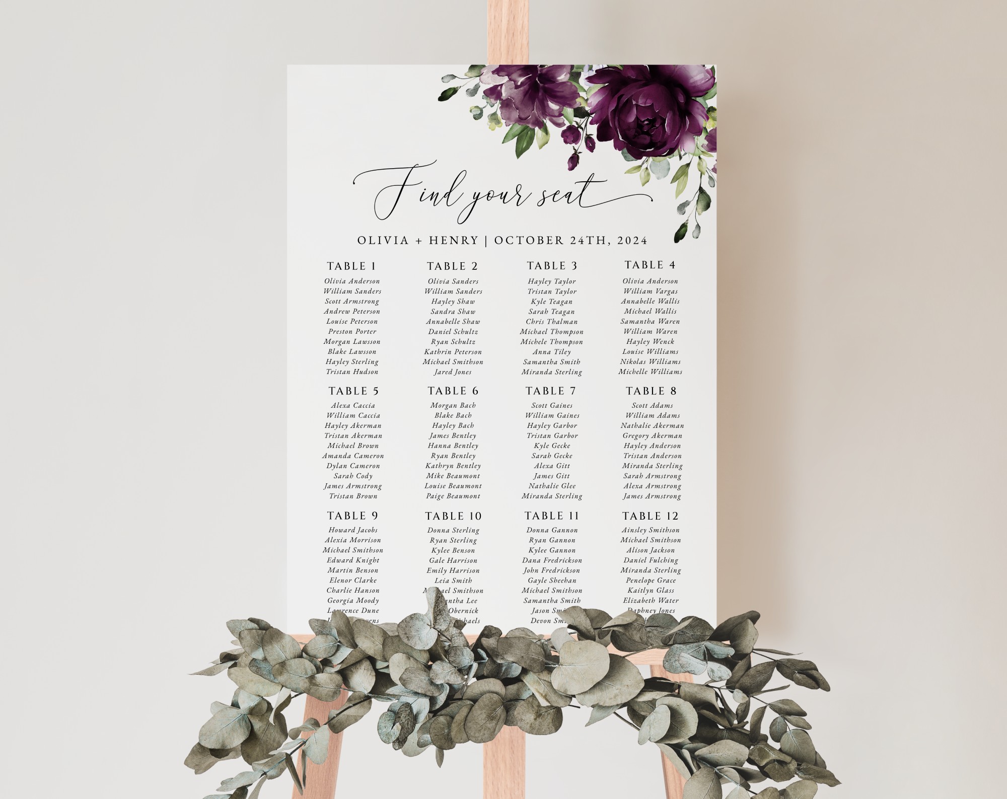 Plum Purple Flowers Seating Chart, Wedding Sign, Printable File, Edit Yourself, SH31