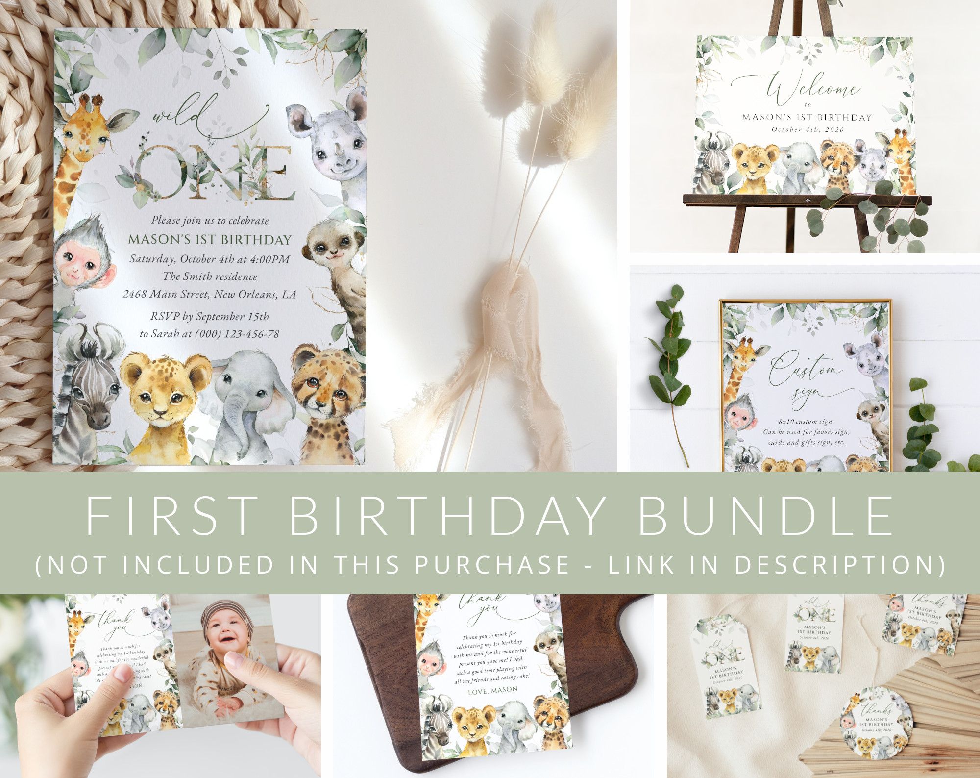 Wild Animals First Birthday Mini Bundle, Boy Birthday, Printable File, Edit Yourself, SH32