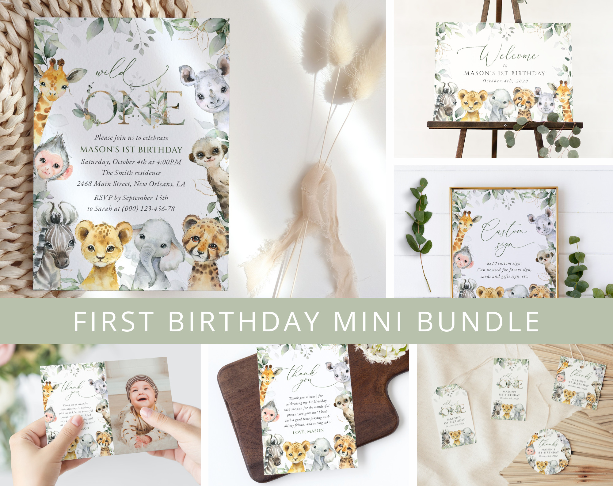 Wild Animals First Birthday Mini Bundle, Boy Birthday, Printable File, Edit Yourself, SH32