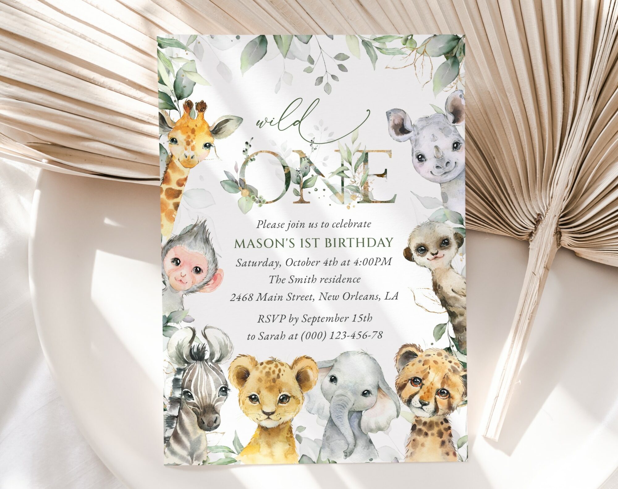 Wild Animals First Birthday Invitation, Birthday Stationery, Boy Birthday, Printable File, Edit Yourself, SH32