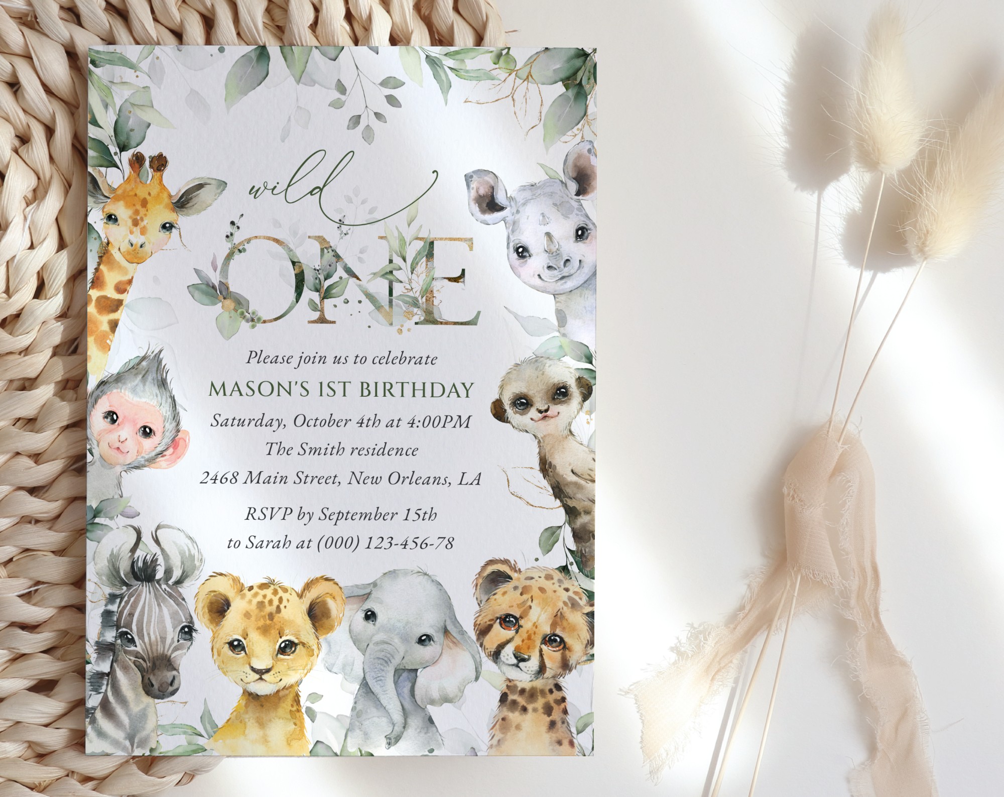 Wild Animals First Birthday Invitation, Birthday Stationery, Boy Birthday, Printable File, Edit Yourself, SH32