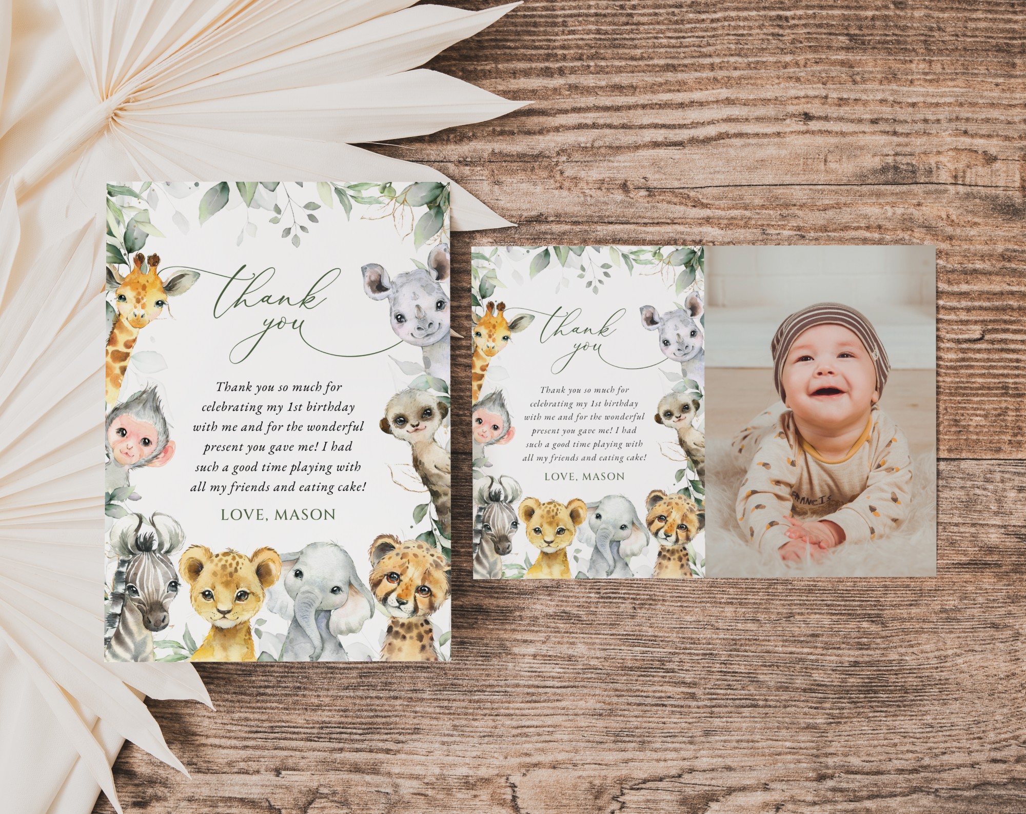 Wild Animals Thank You Card, First Birthday, Boy Birthday, Printable File, Edit Yourself, SH32