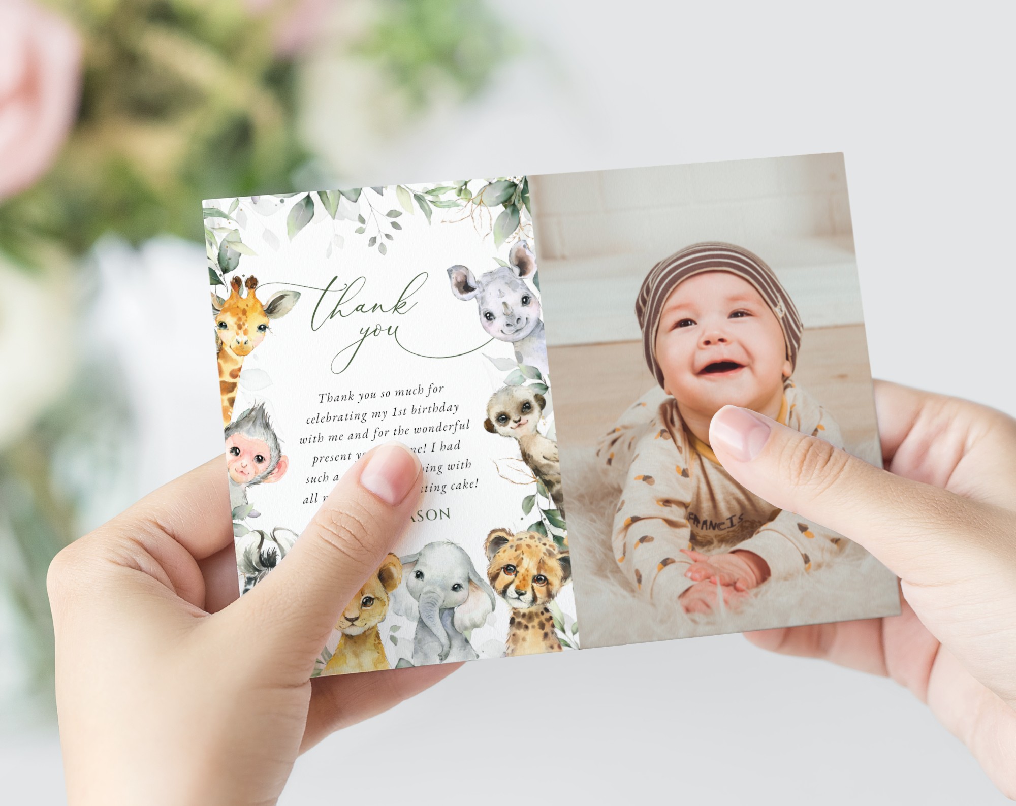 Wild Animals Thank You Card, First Birthday, Boy Birthday, Printable File, Edit Yourself, SH32