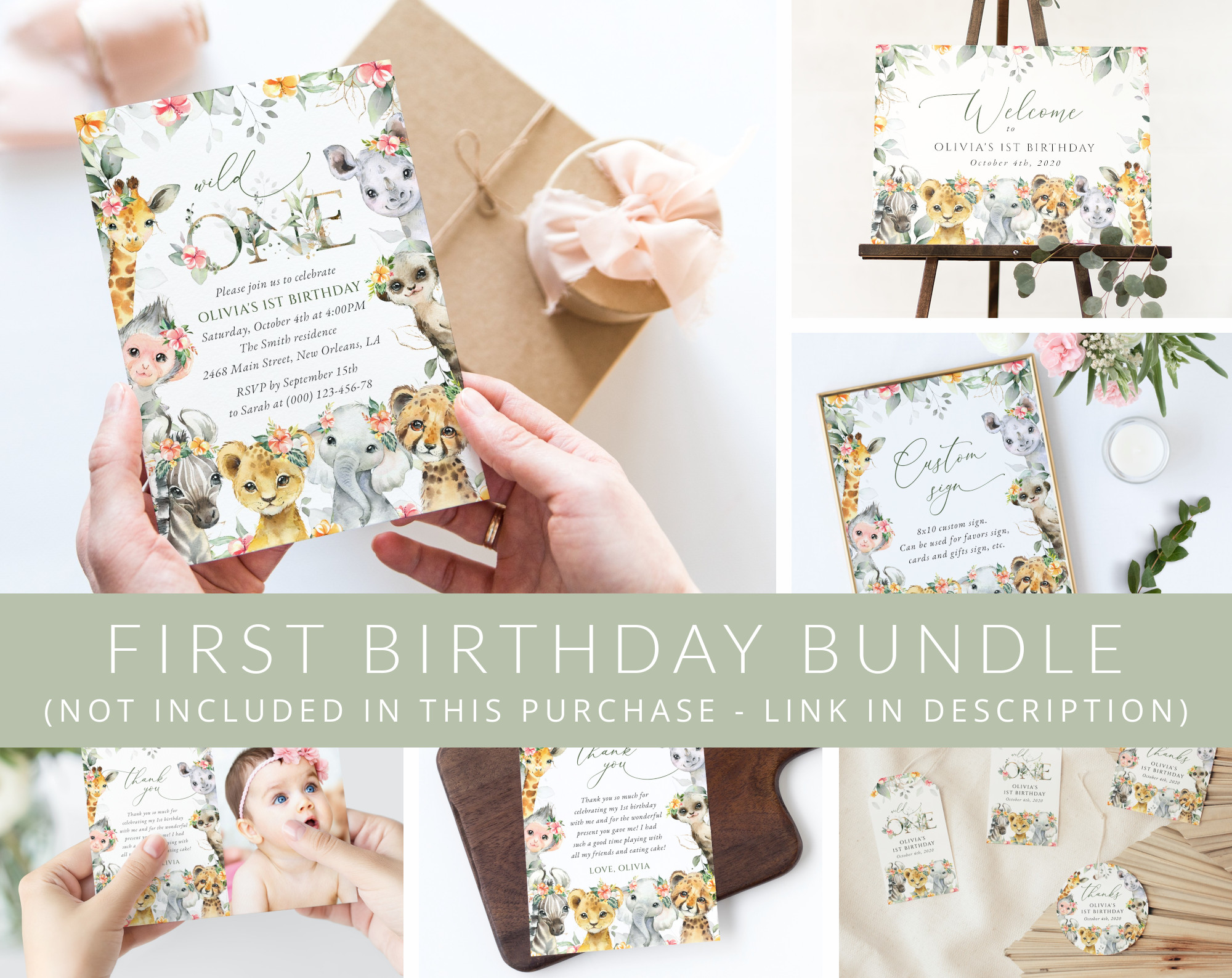 Wild Animals and Hibiscus First Birthday Mini Bundle, Girl Birthday, Printable File, Edit Yourself, SH37