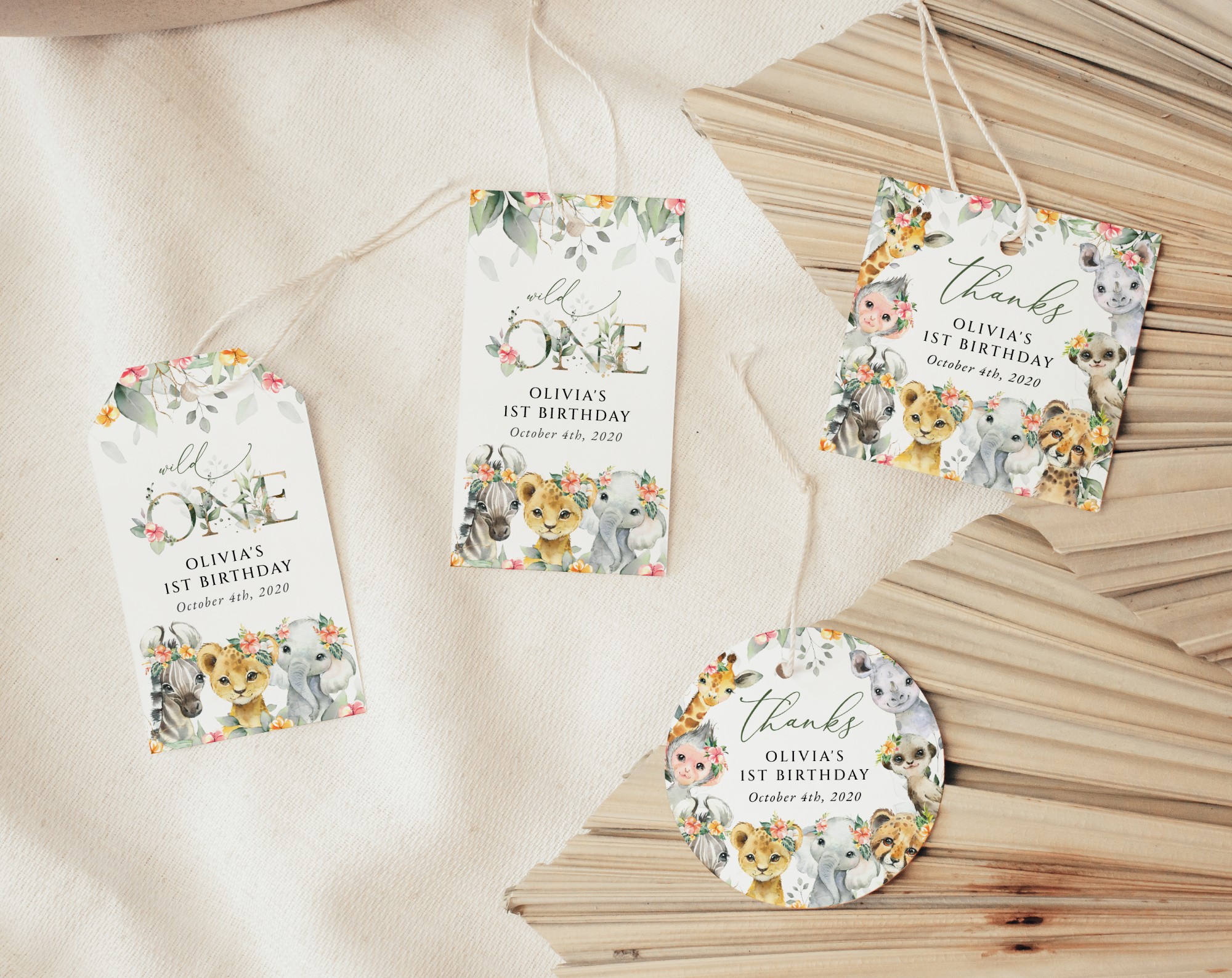Wild Animals and Hibiscus Favor Tags, Gift Tags, First Birthday, Girl Birthday, Printable File, Edit Yourself, SH37