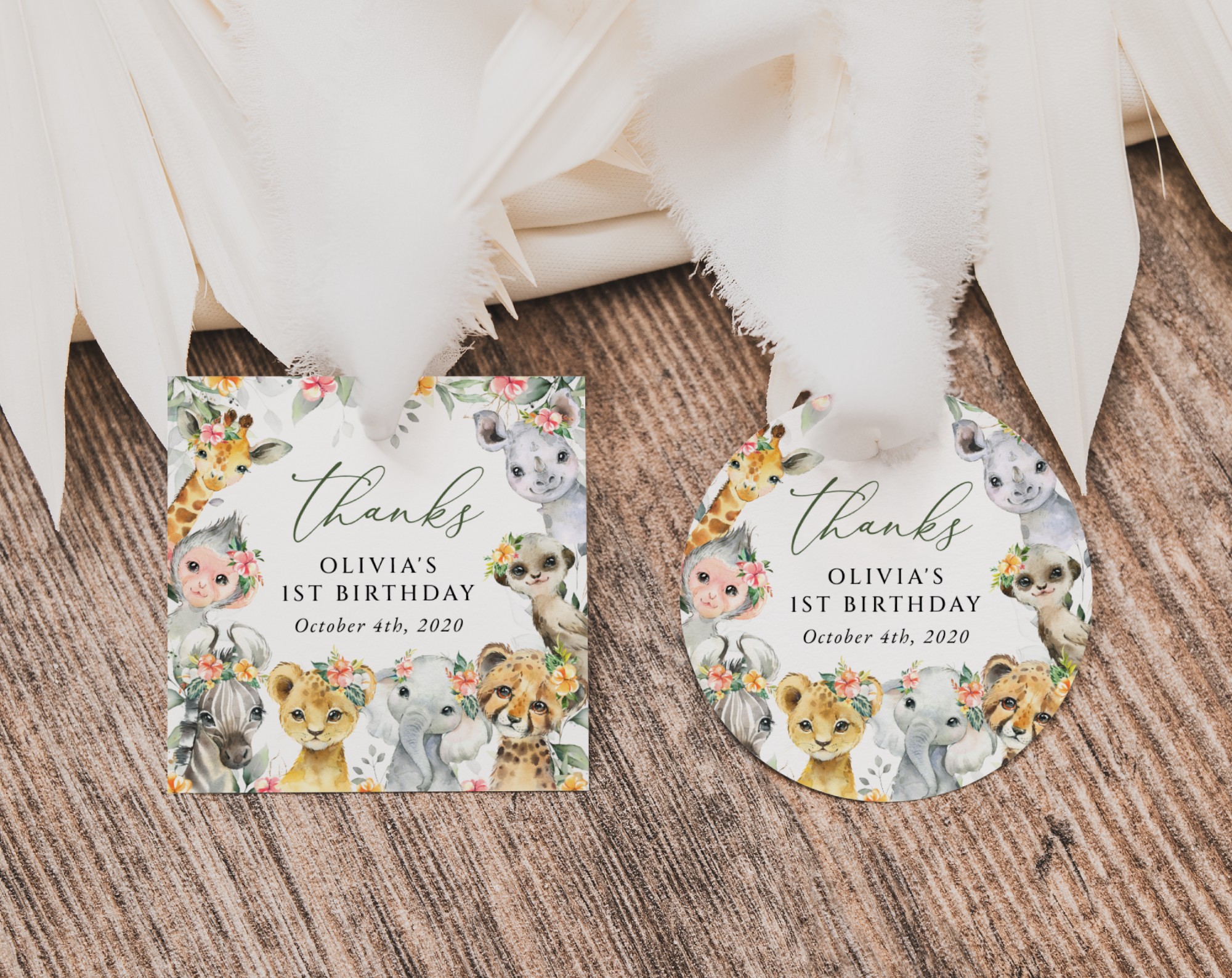 Wild Animals and Hibiscus Favor Tags, Gift Tags, First Birthday, Girl Birthday, Printable File, Edit Yourself, SH37