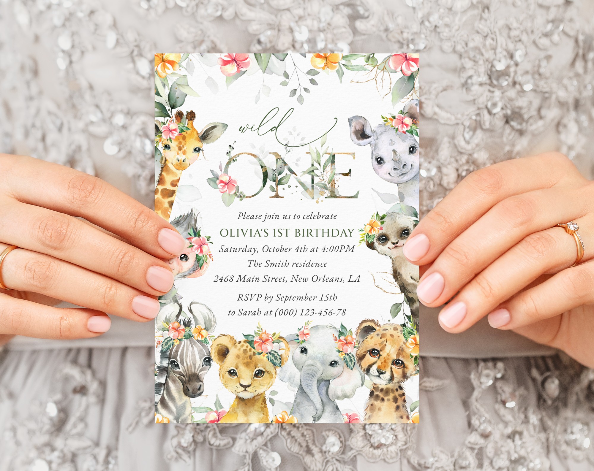 Wild Animals and Hibiscus First Birthday Invitation, Birthday Stationery, Girl Birthday, Printable File, Edit Yourself, SH37