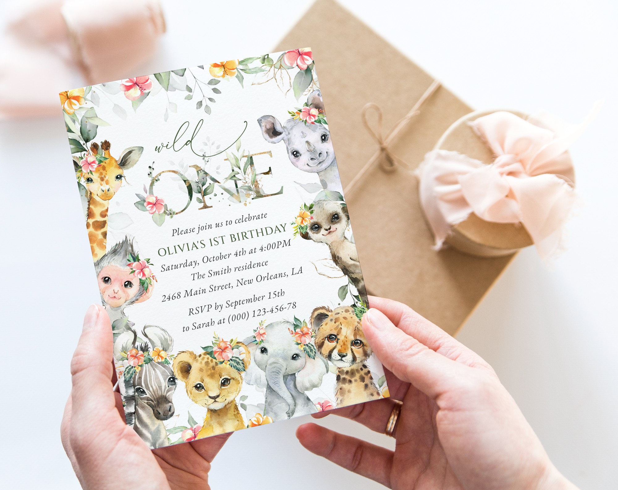 Wild Animals and Hibiscus First Birthday Invitation, Birthday Stationery, Girl Birthday, Printable File, Edit Yourself, SH37 Wild Animals and Hibiscus First Birthday Invitation, Birthday Stationery, Girl Birthday, Printable File, Edit Yourself, SH37