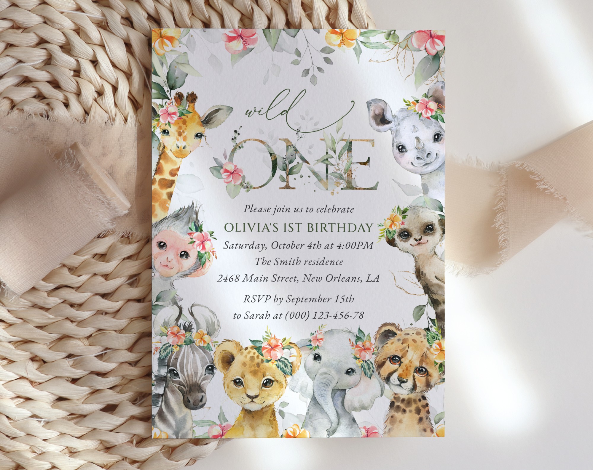 Wild Animals and Hibiscus First Birthday Invitation, Birthday Stationery, Girl Birthday, Printable File, Edit Yourself, SH37