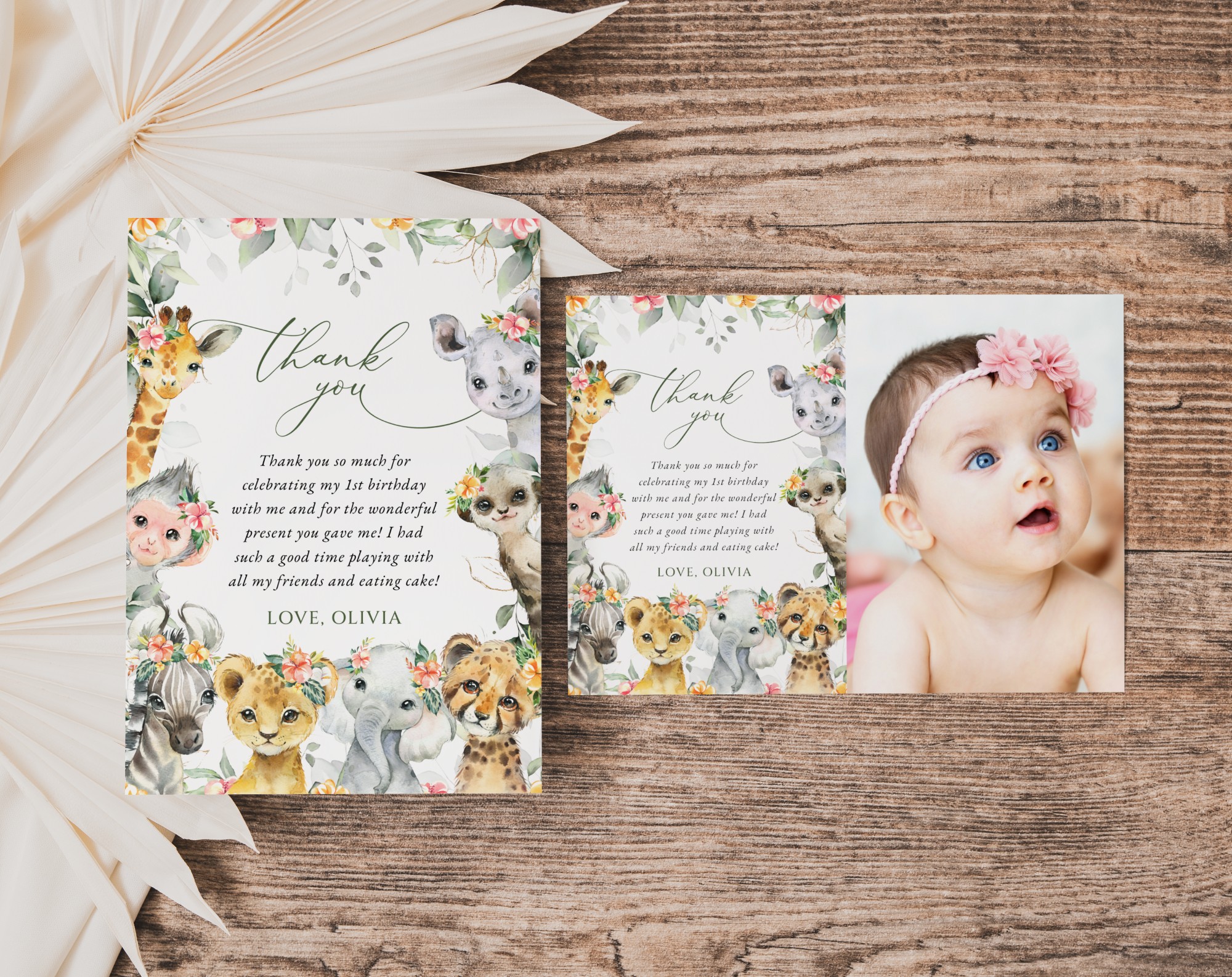 Wild Animals and Hibiscus Thank You Card, First Birthday, Girl Birthday, Printable File, Edit Yourself, SH37