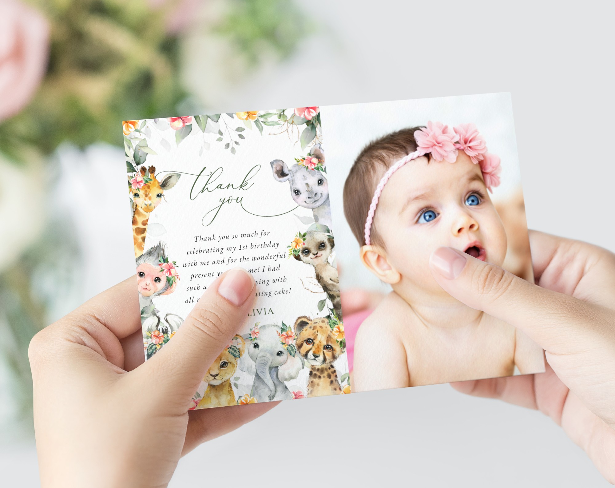 Wild Animals and Hibiscus Thank You Card, First Birthday, Girl Birthday, Printable File, Edit Yourself, SH37