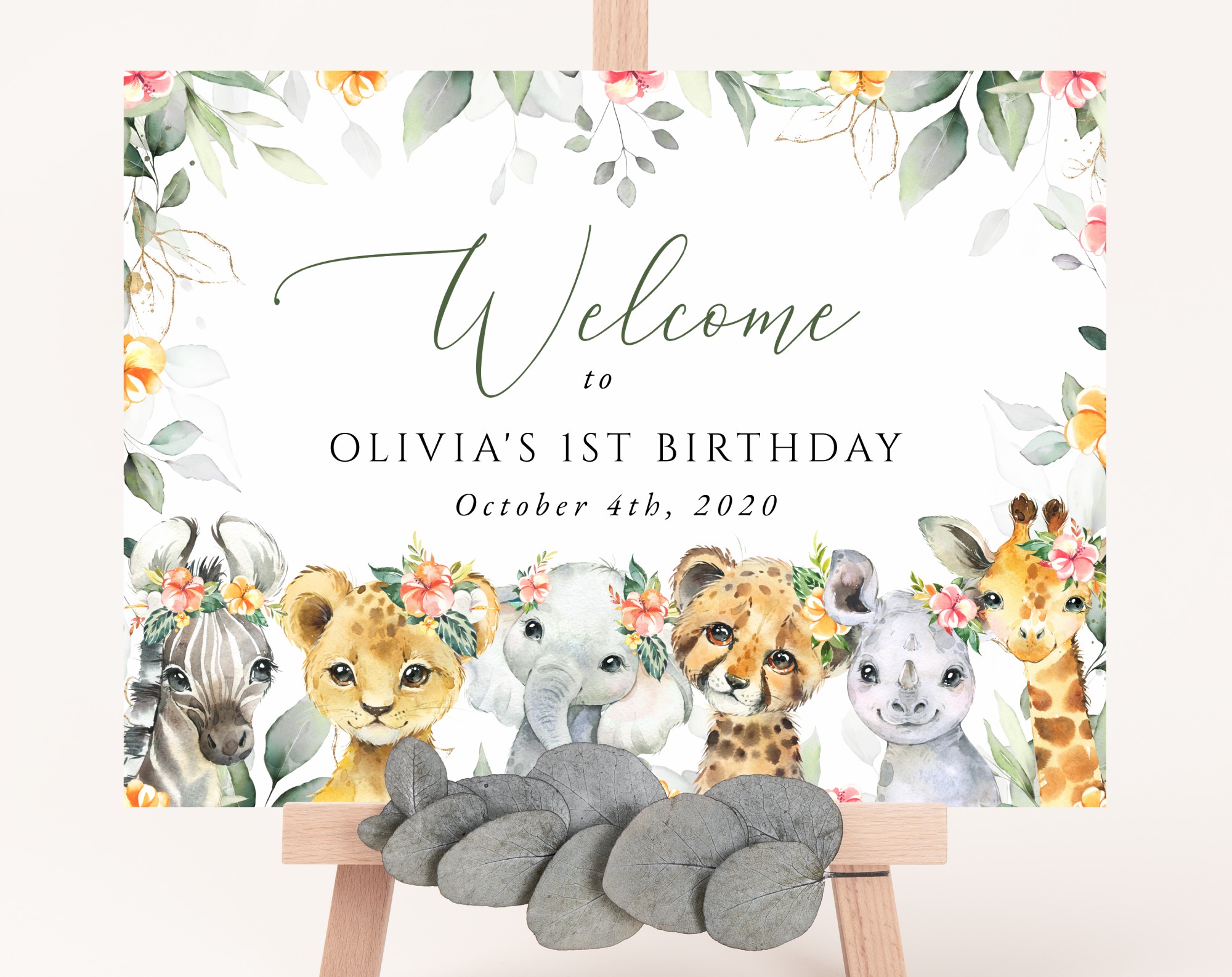 Wild Animals and Hibiscus Welcome Sign, First Birthday, Girl Birthday, Printable File, Edit Yourself, SH37