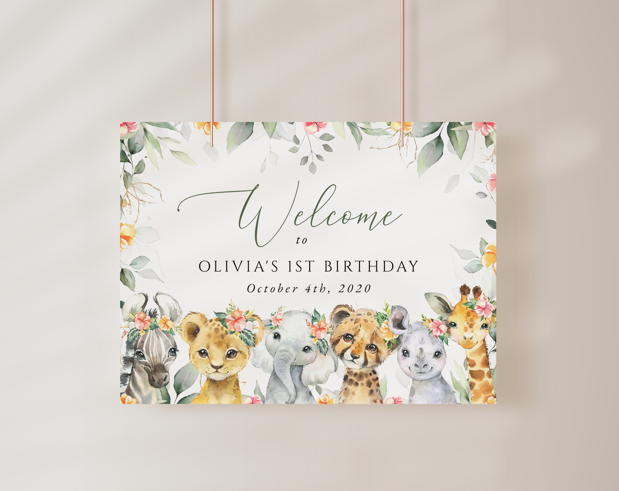 Wild Animals and Hibiscus Welcome Sign, First Birthday, Girl Birthday, Printable File, Edit Yourself, SH37 Wild Animals and Hibiscus Welcome Sign, First Birthday, Girl Birthday, Printable File, Edit Yourself, SH37