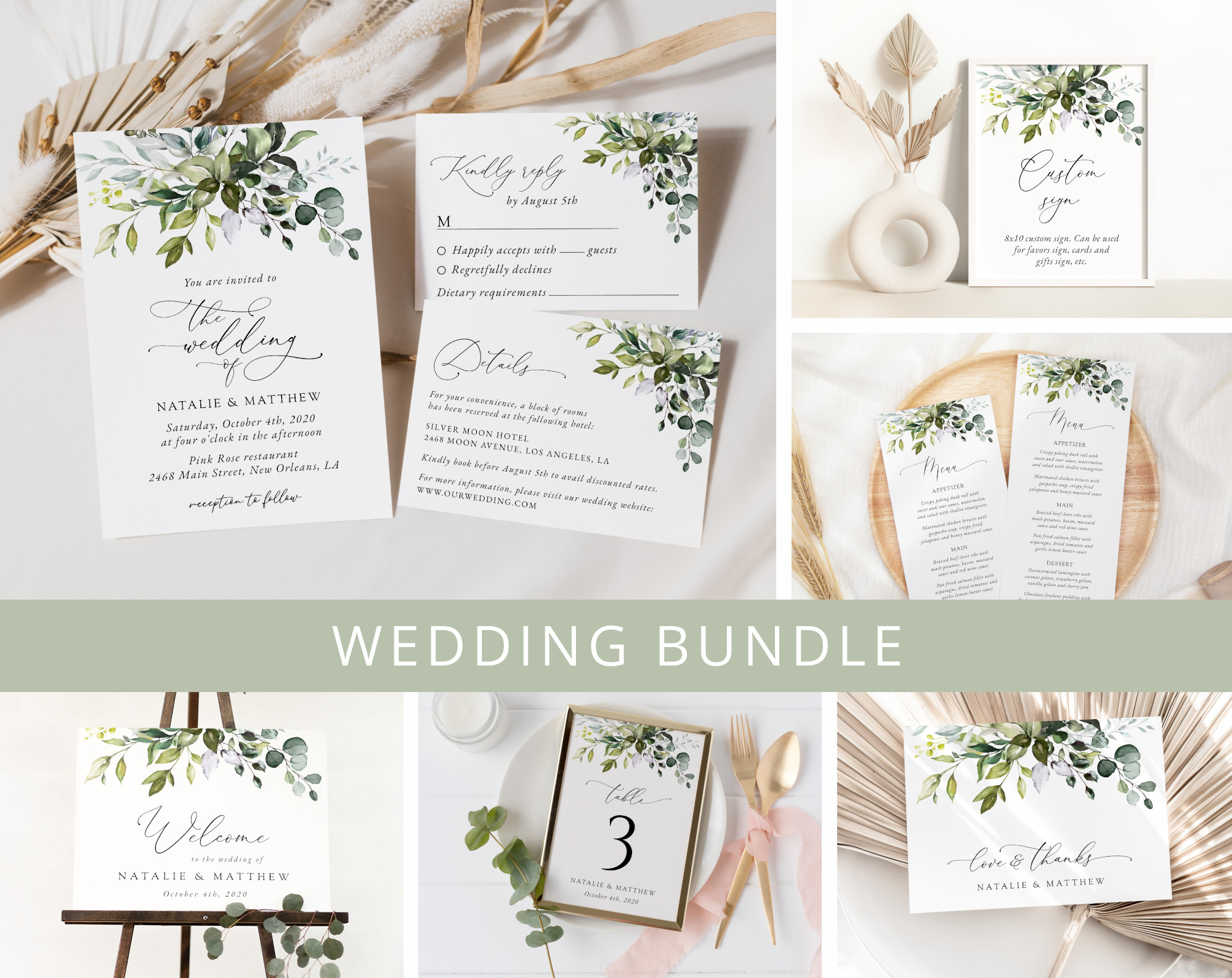 Eucalyptus Leaves Wedding Bundle, Printable File, Edit Yourself, SH45